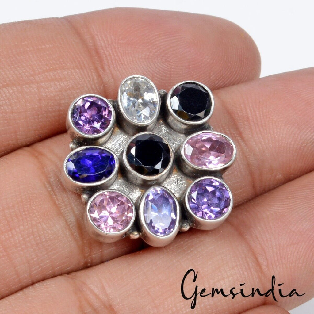 925 Sterling Silver Multi Color Cubic Zirconia Flower Motif Cocktail Ring~8.5 US
