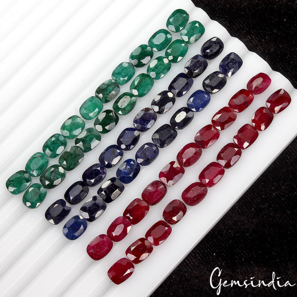 101.30 Ct Natural Ruby, Emerald, Sapphire 8x6mm Cushion Cut Certified Gems~ 60 P