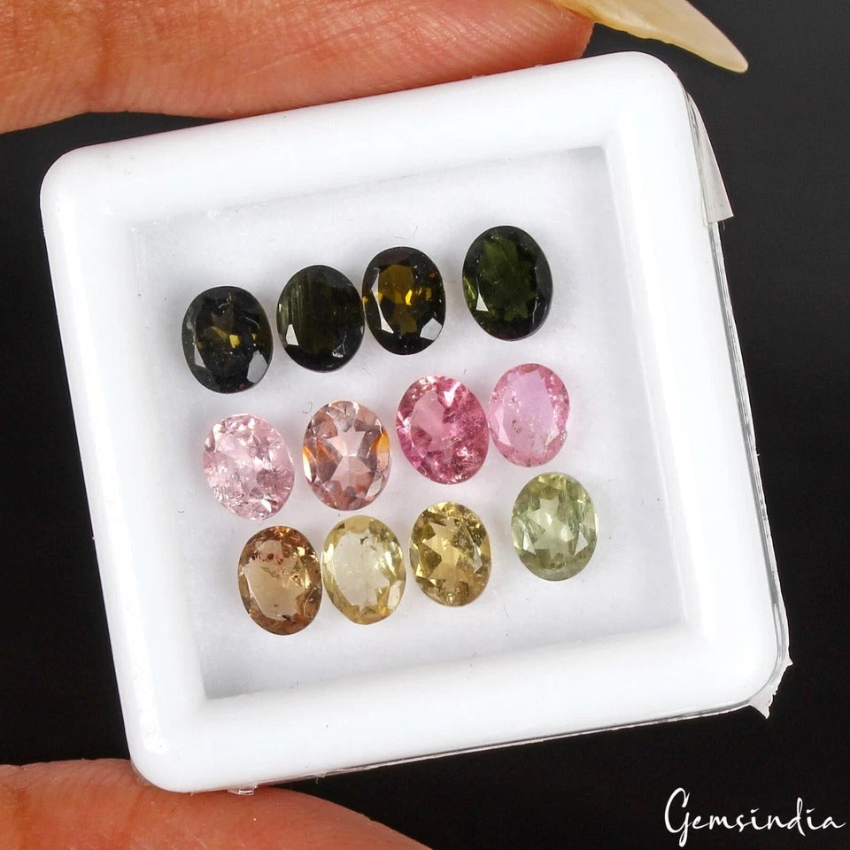 12 Pcs Natural Tourmaline 6mmx4mm Oval Cut Multi Color Loose Gemstones 3.80 Cts