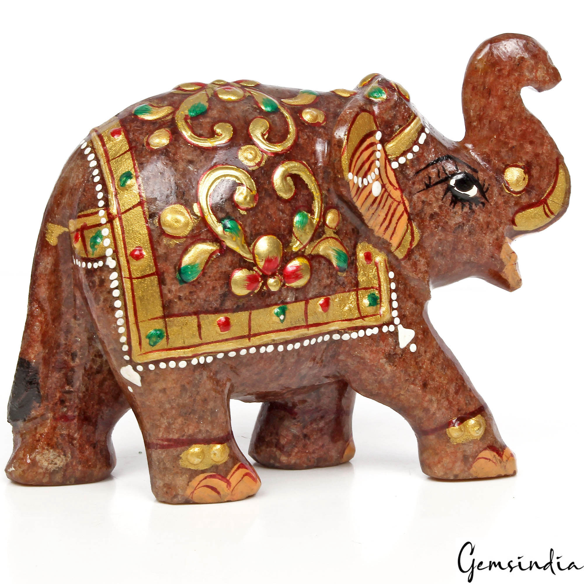 1130 Cts Natural Aventurine Hand Crafted Gold Painted Elephant Sculpture/ Statue