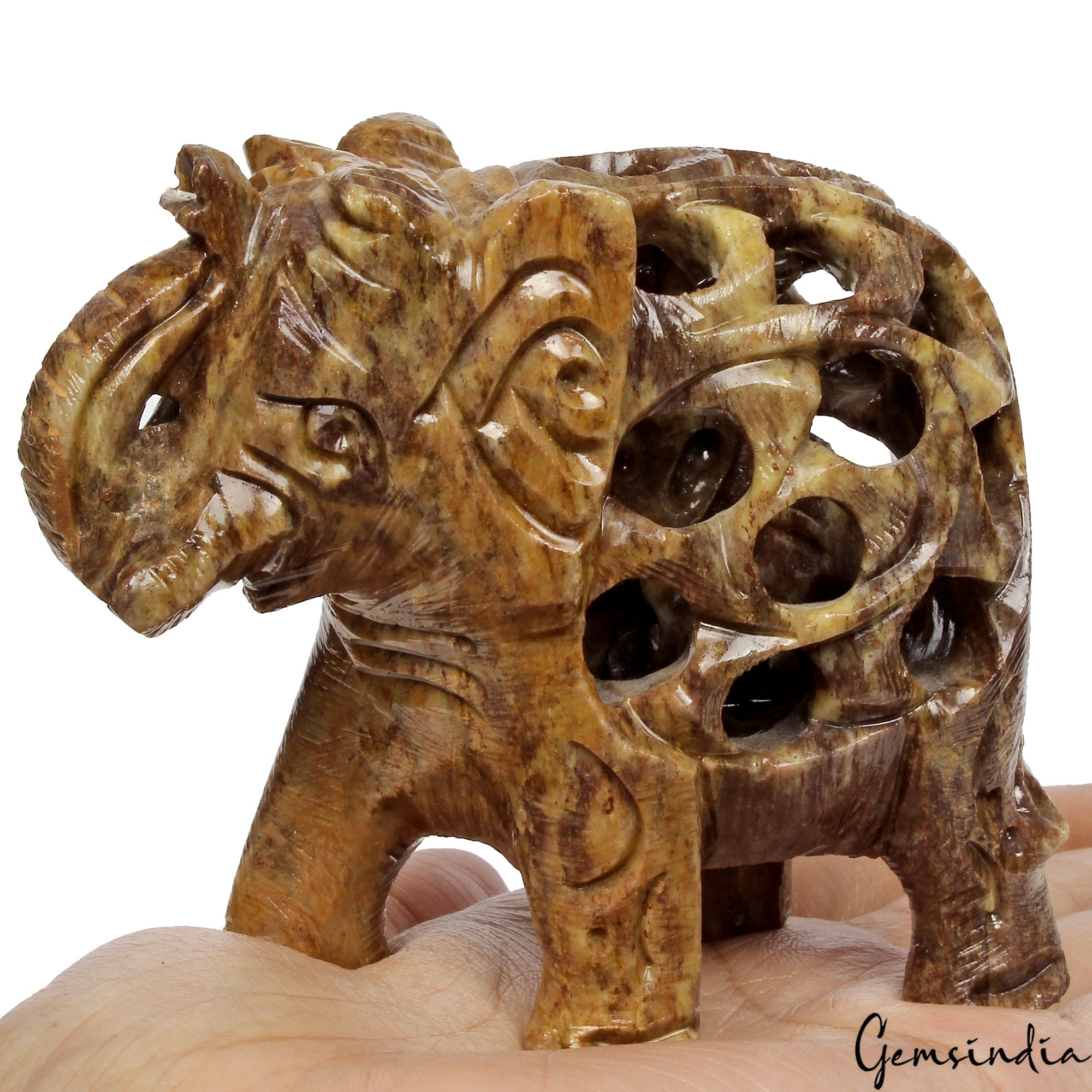 1430 Ct Soapstone Carved Elephant - Baby Inside Mother's Tummy Sculpture/Statue