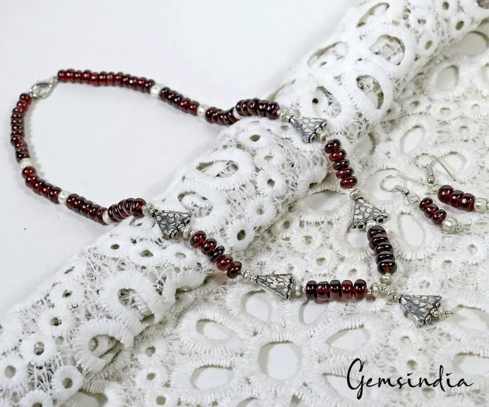 237+Cts Natural Untreated Wine Red Garnet Round Cab Beaded Handmade Jewelry Set