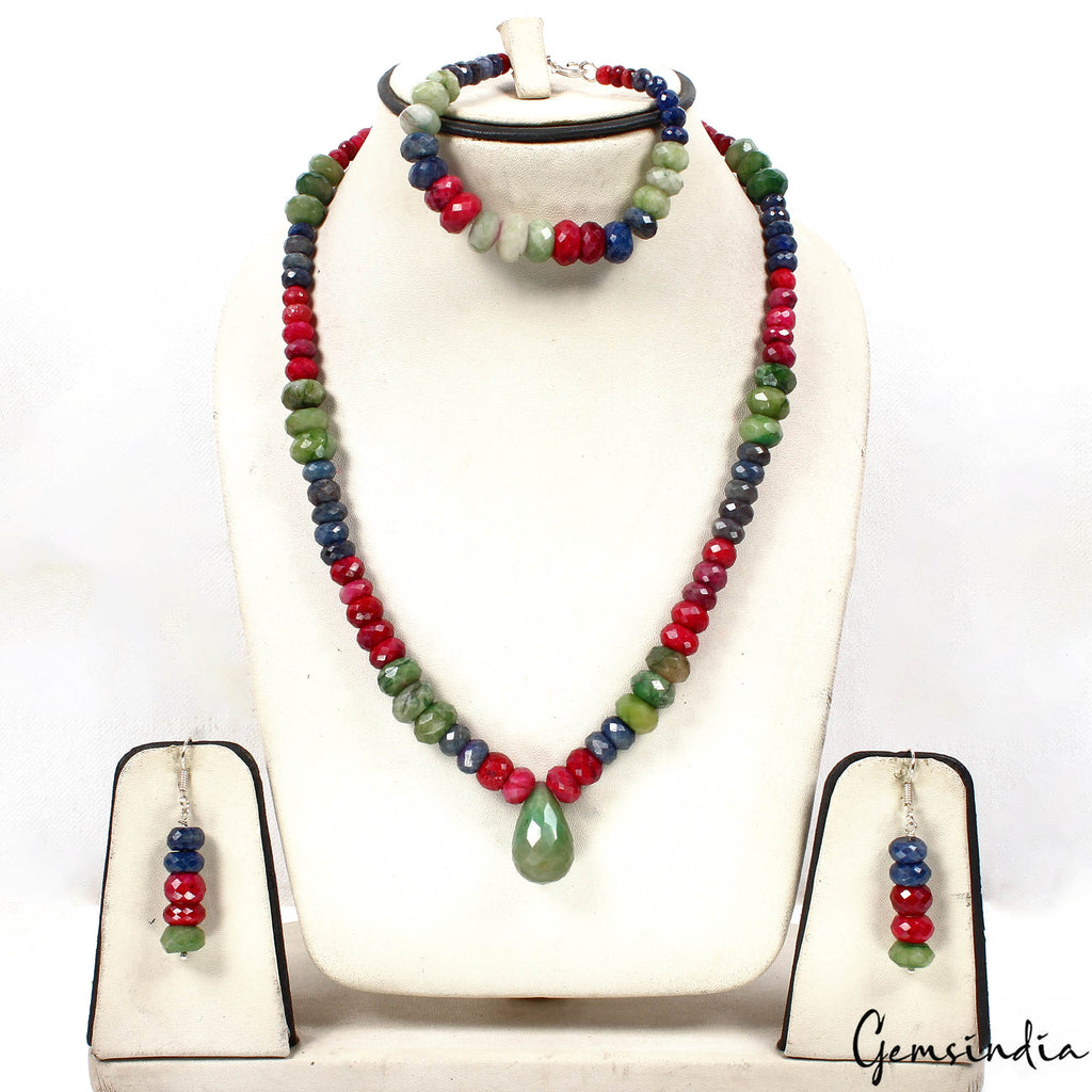 711.80 Ct Natural Multi Color Ruby Emerald Sapphire Round Cut Beaded Jewelry Set