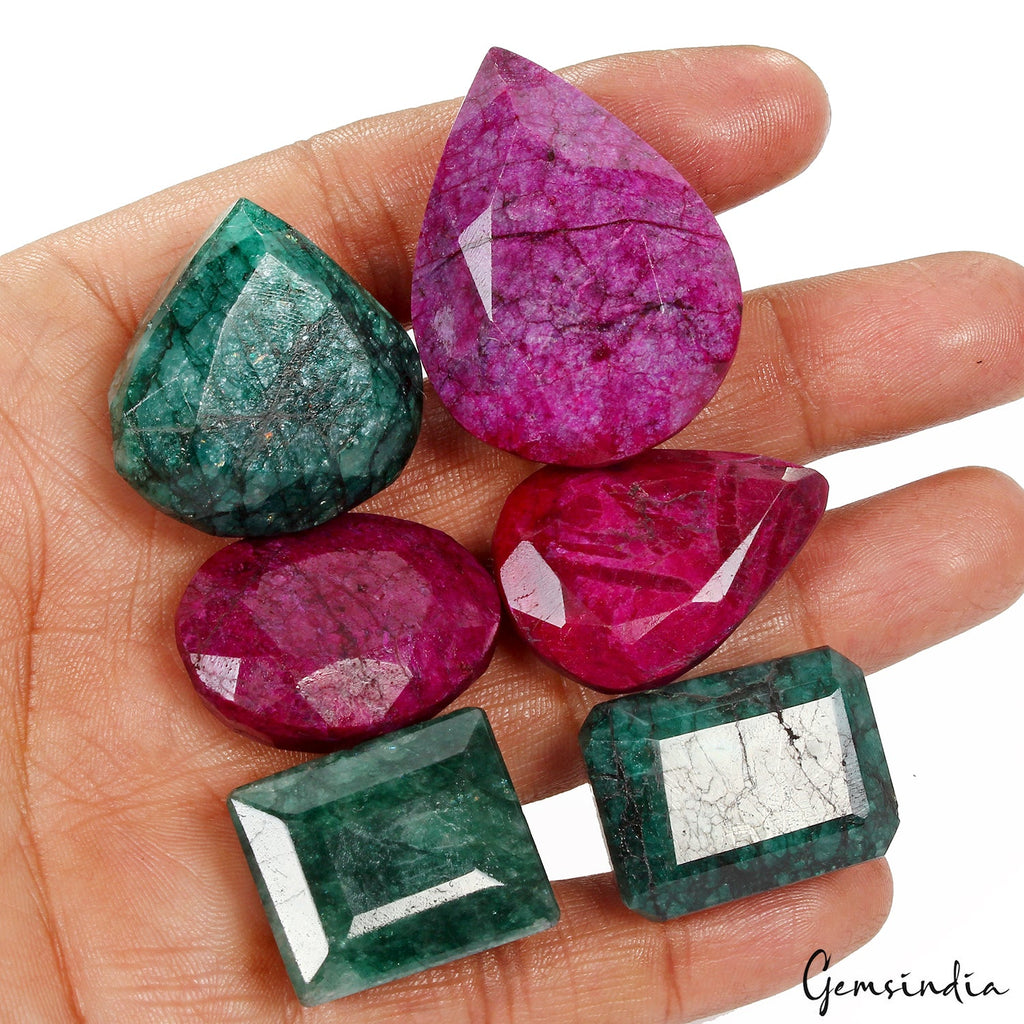 620 Ct Natural Green Emerald & Red Ruby Mix Cut Loose Huge Gemstones 25-40mm Lot