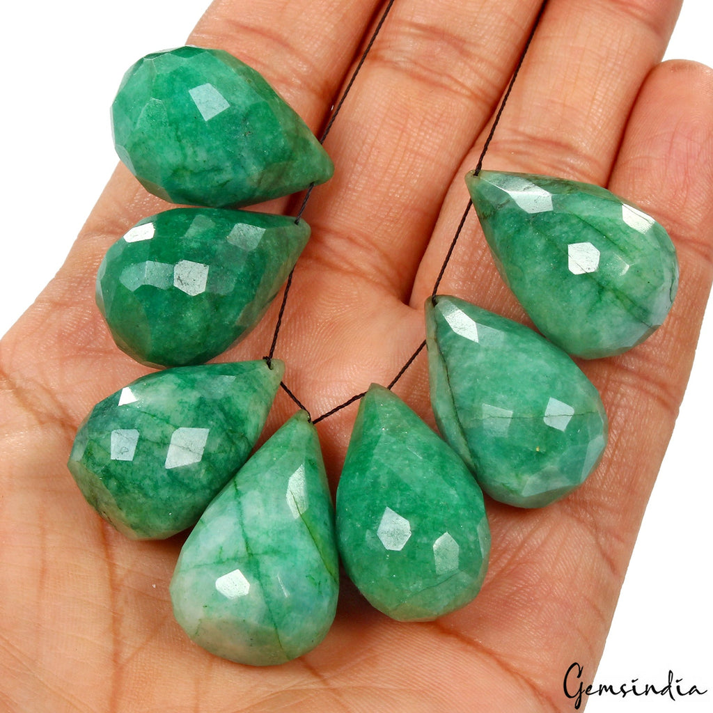 7 Pc Natural Green Emerald Pear Checker Cut Bead/Briolettes Drilled Gems~ 400 Ct