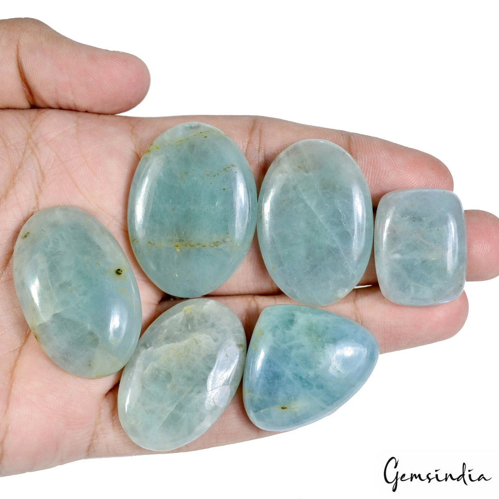 Blue Beryl Lot, Cabochon, Untreated — 6 Pieces, 25mm to 40mm, 375 Ct, Brazil