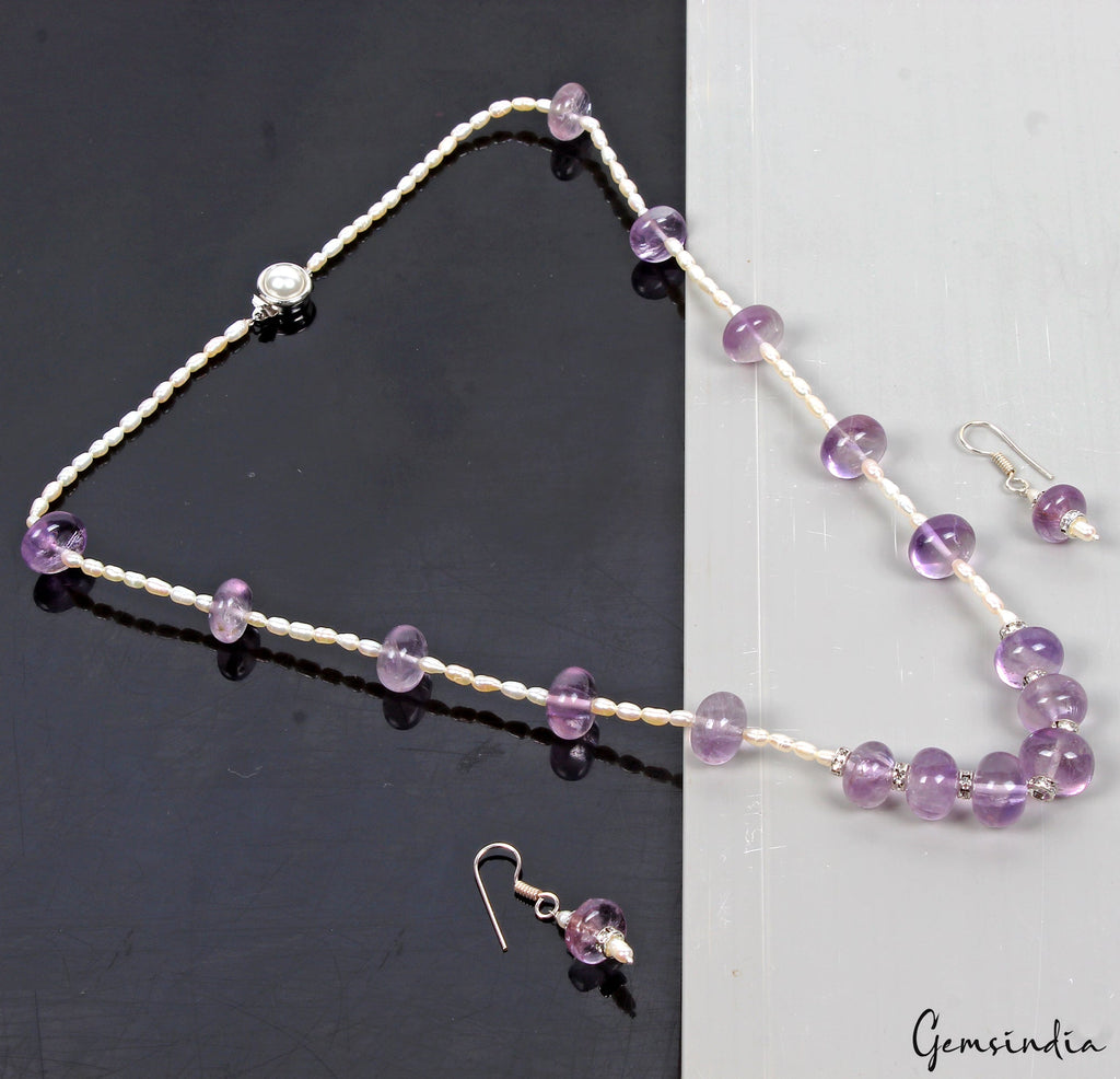 220.80 Ct Natural Purple Amethyst & Freshwater Pearl Beaded Handmade Jewelry Set