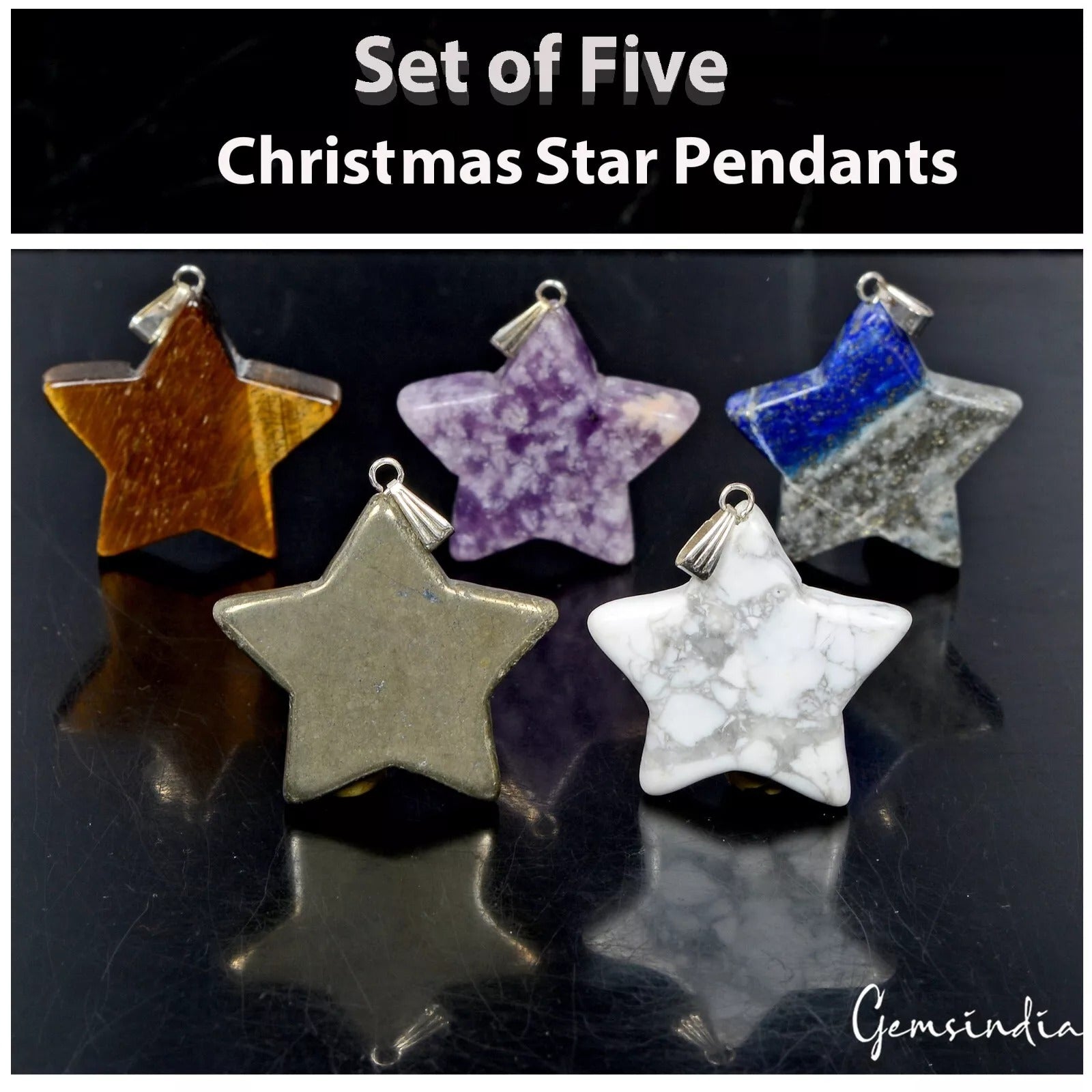 365 Ct/5 Pcs Natural Multi Gems Christmas Stars Crystal Healing Pendants 1.5"