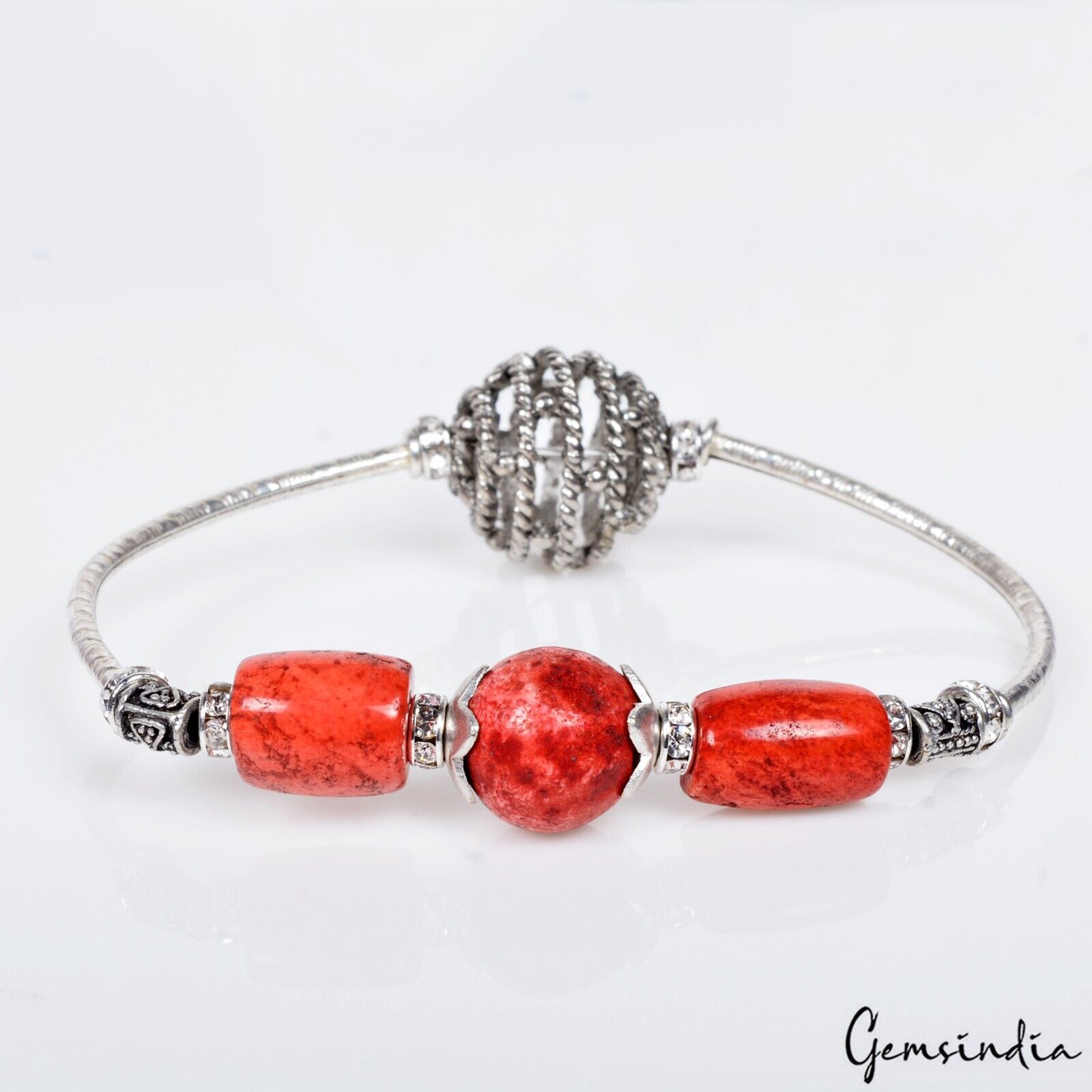90.60 Cts Dark Orange Coral Gem Silver Stretchable Designer 6.5 Inch Bracelet