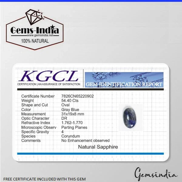 Free Certified 54.40 Cts Natural Untreated Gray Blue Sapphire Oval Cab Loose Gem