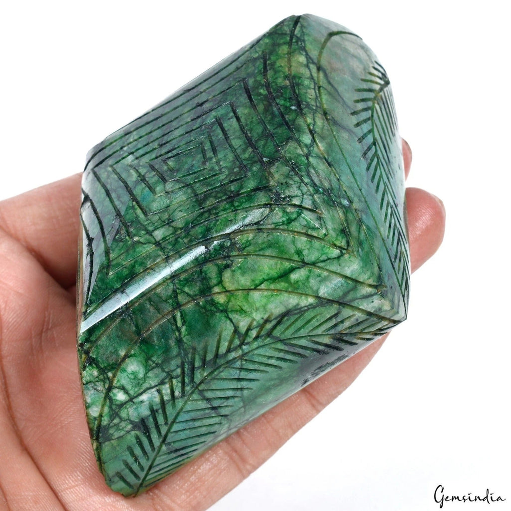 1820 Cts Natural Green Emerald Hand Carved Loose Brazilian Fancy Shape Gemstone