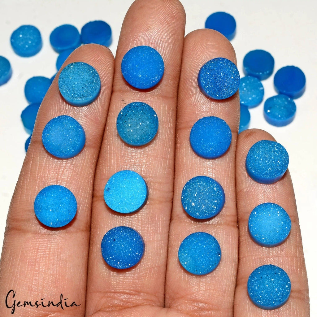200 Cts/50 Pcs Natural Blue w Glittertring Shine Druzy Onyx Flat Back 10mm Gems