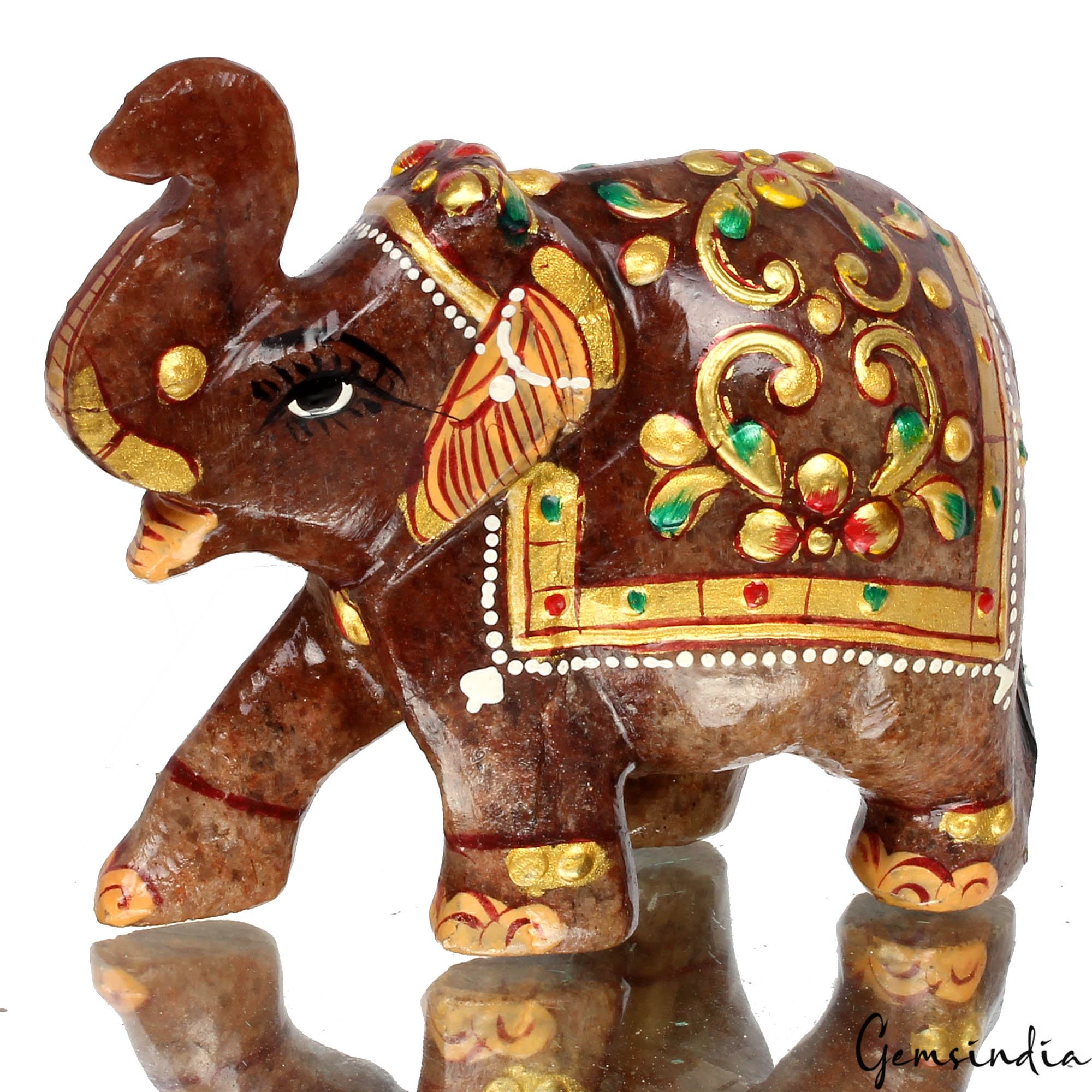 1130 Cts Natural Aventurine Hand Crafted Gold Painted Elephant Sculpture/ Statue
