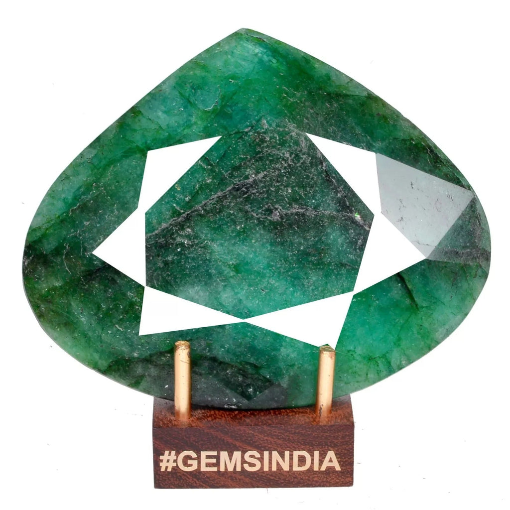 870 Ct. Natural Green Emerald Unique Pear Cut Loose Earth mined Gemstone w/Stand