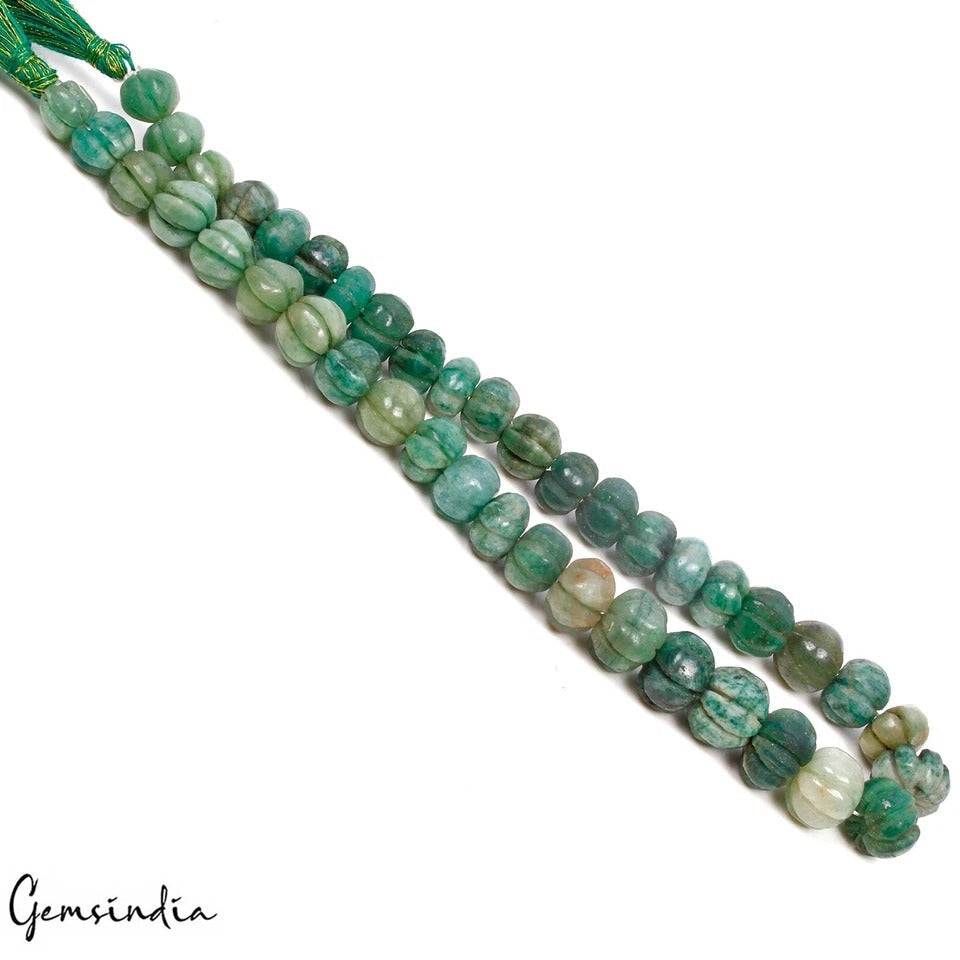 210 Ct Natural Green Emerald Round Drilled Pumpkin Carved Bead Gems Strand 12"