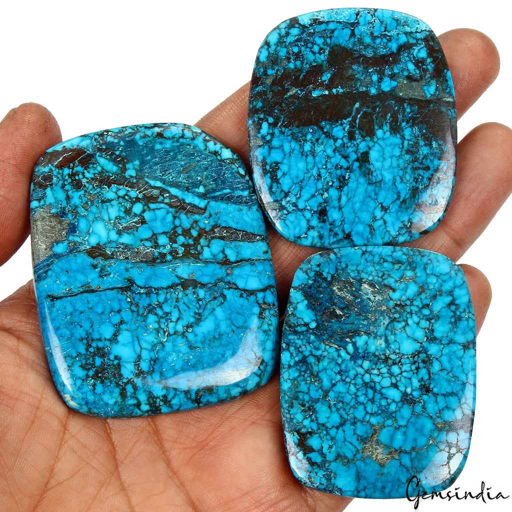 570 Ct/3 Pcs Natural Spiderweb Blue Turquoise Cushion Cabochon Loose Gemstones