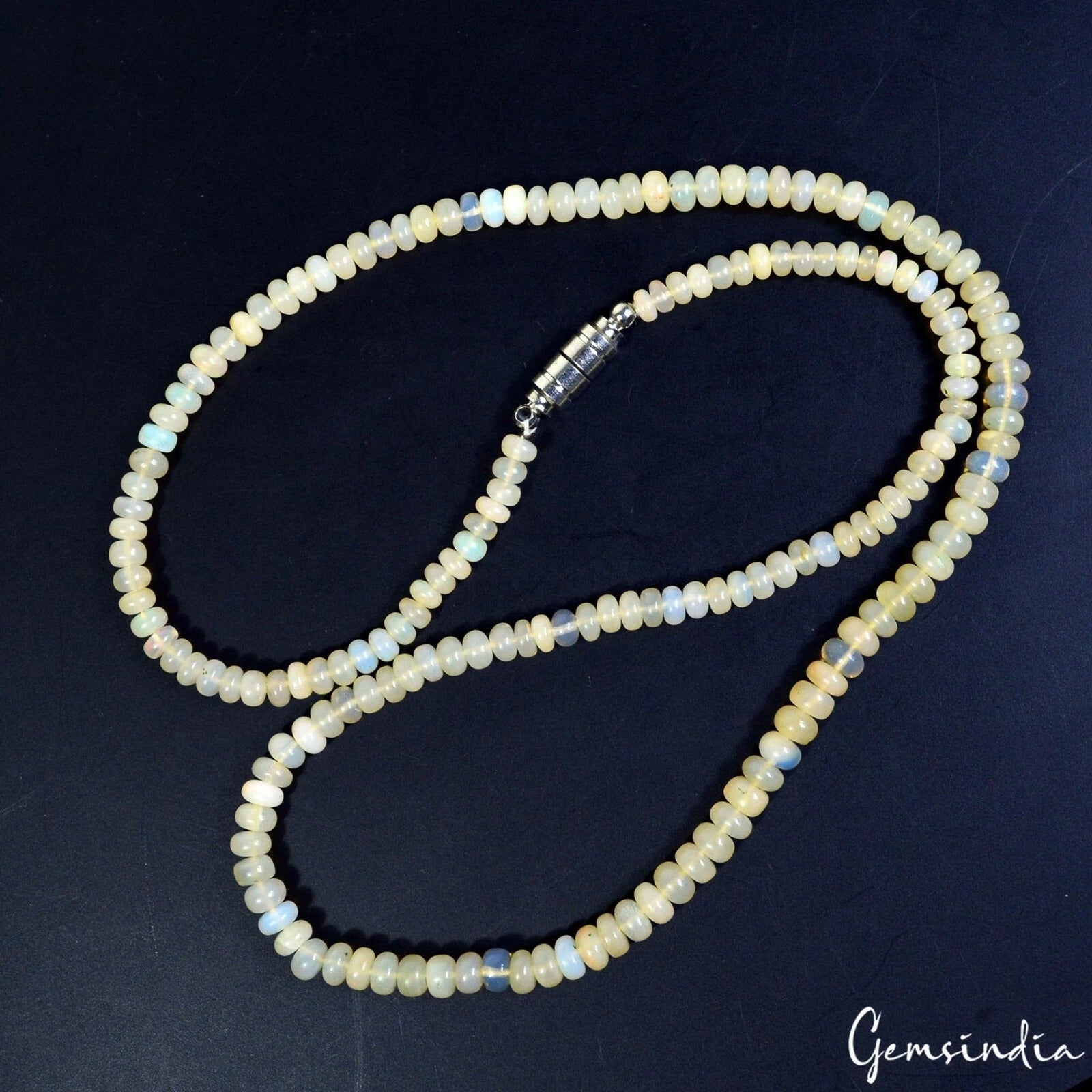 51.50 Ct Natural Welo Shine Opal Gem Round Cab Bead Necklace w Magnetic Lock 18"