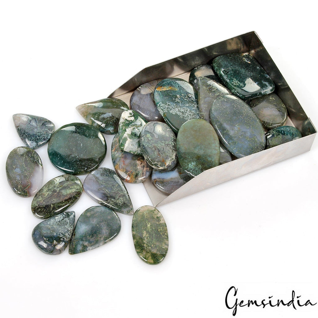 1530 Ct / 25 Pcs Natural Untreated White Green Moss Agate Mix Cab Wholesale Gems