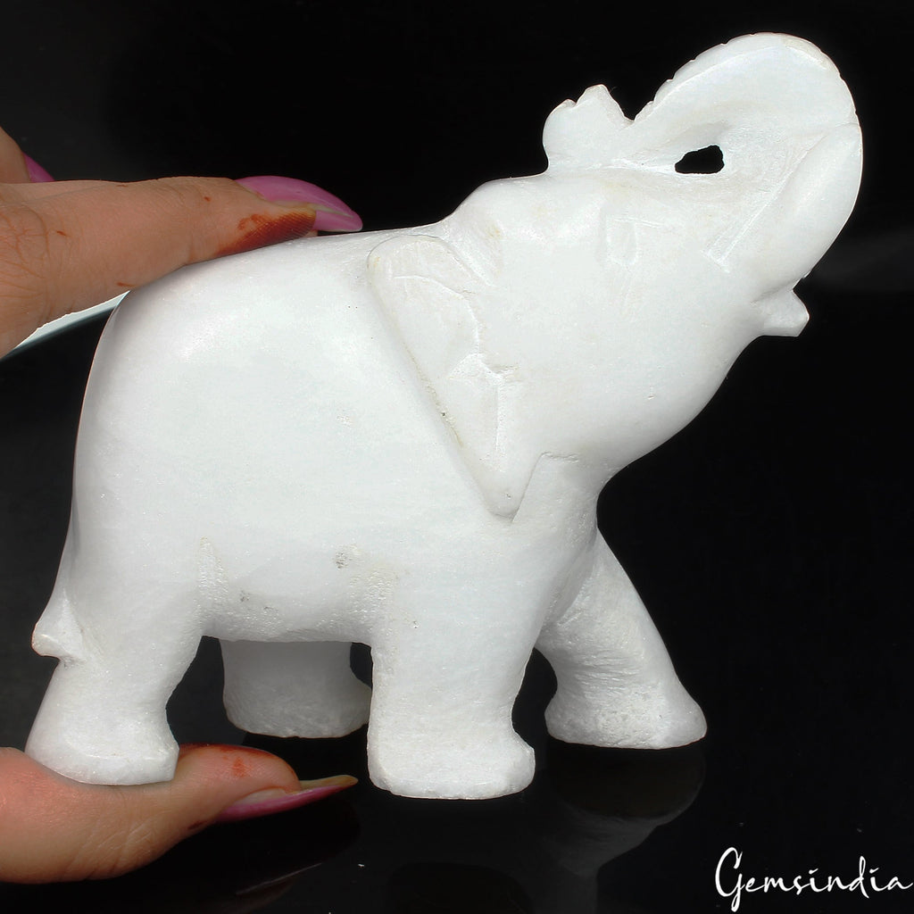 1280 Ct+ Natural White Marble Carved Trunk Up Elephant Hand made Sculpture ~3"