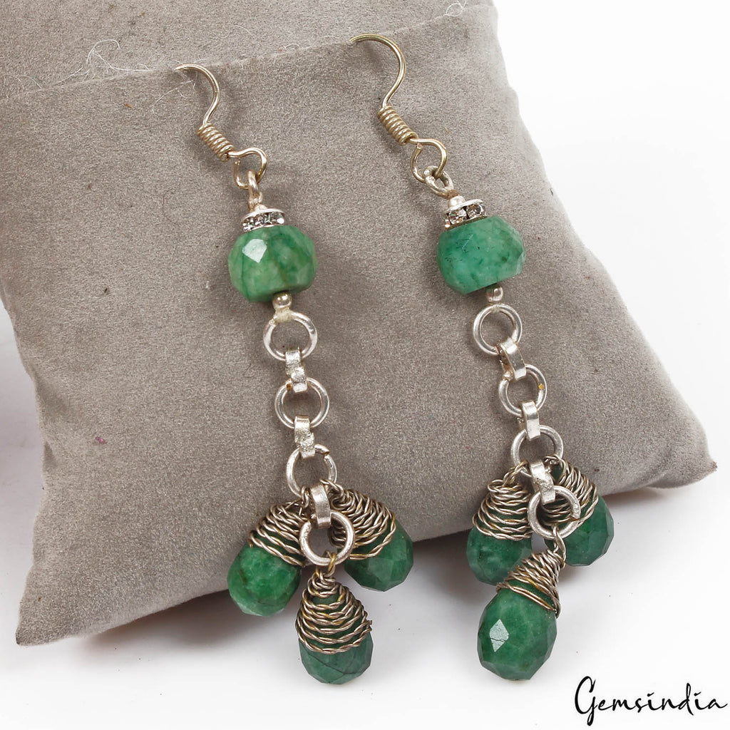 67.70 Ct Natural Green Emerald Pear Beaded Drop/Dangler Earring 3"Christmas Sale