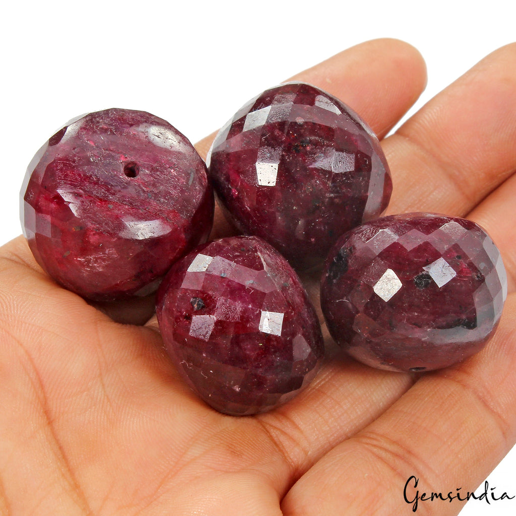 4 Pcs Natural Red Ruby Round Checker Cut Huge Drilled Bead Gemstones Lot~ 640 Ct