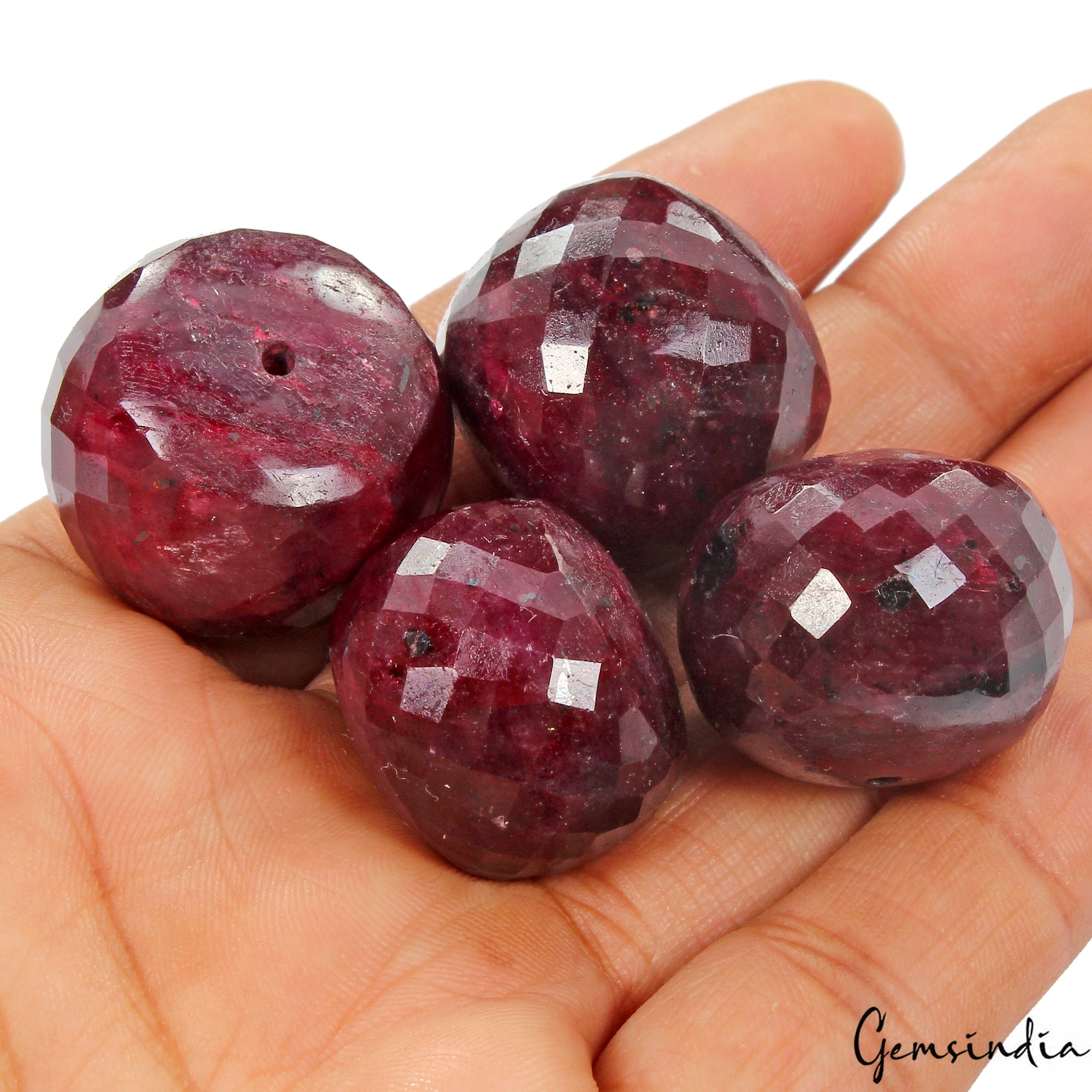 4 Pcs Natural Red Ruby Round Checker Cut Huge Drilled Bead Gemstones Lot~ 640 Ct