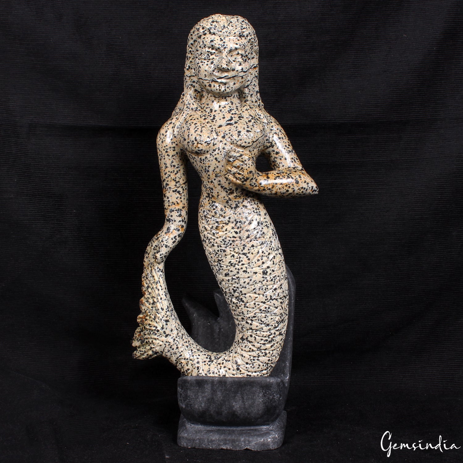 3.3 Kg Gorgeous Dalmation Jasper Mermaid Statue Handmade Figurine w Marble Stand
