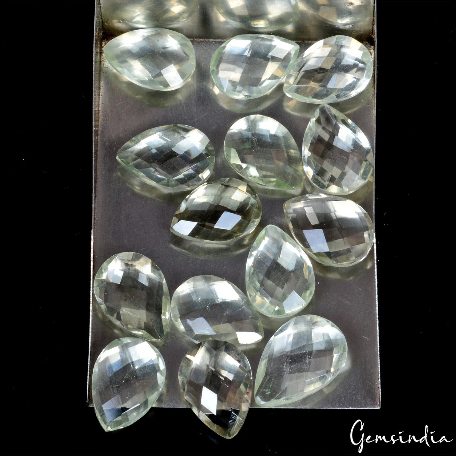 64.70 Ct/14 Pcs Natural Untreated Green Amethyst Pear Checker Cut Loose Gems Lot