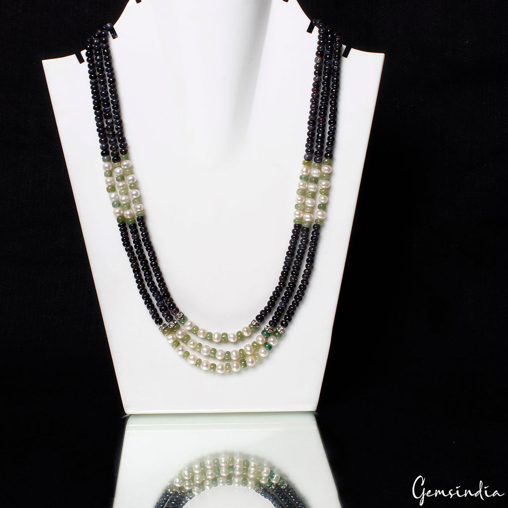 3 Strands Natural Sapphire Pearl Handmade Necklace/19-21" Long Women Gem Jewelry
