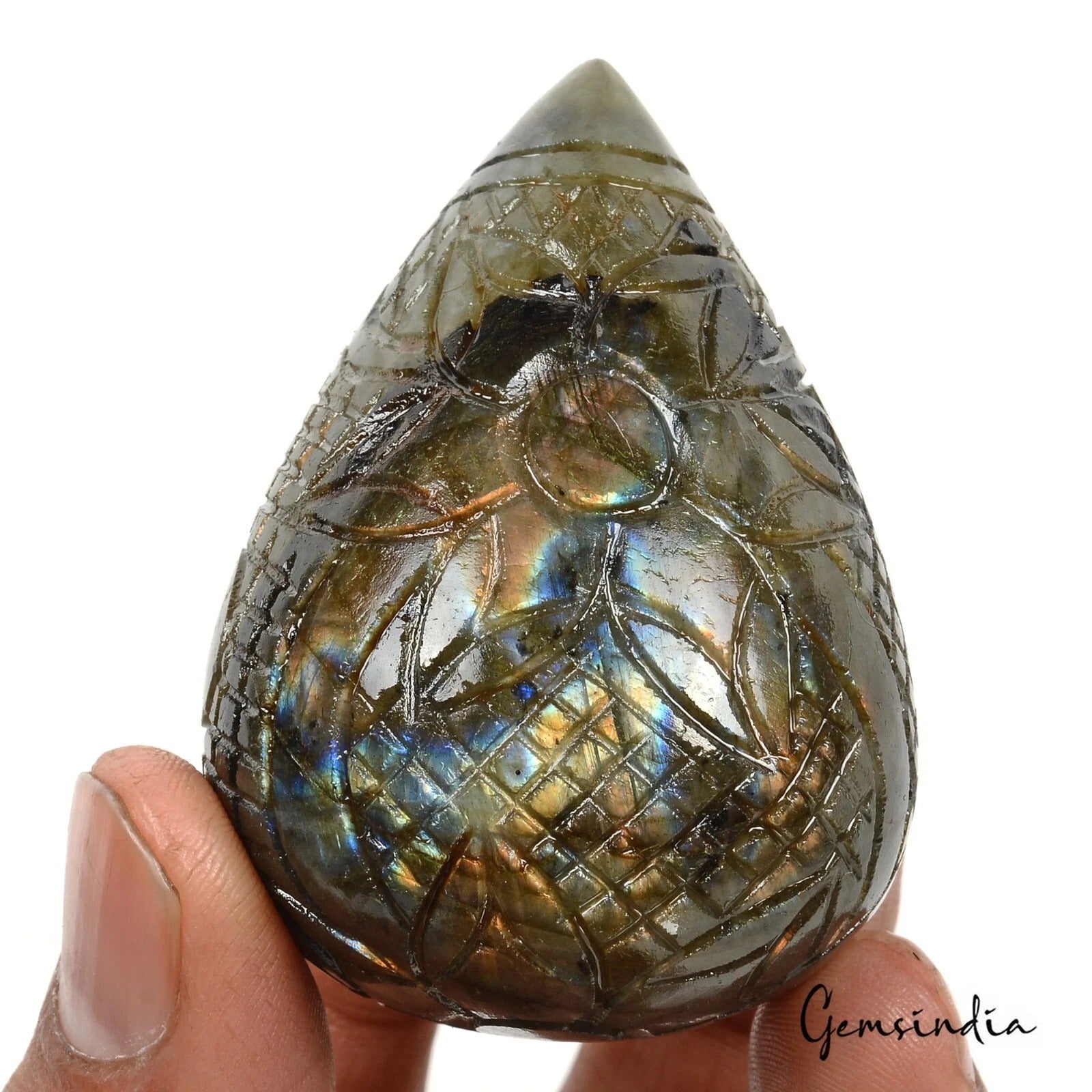 590 Cts Natural Multi Shine Labradorite Earth Mined Pear Drop Carved Huge Gem