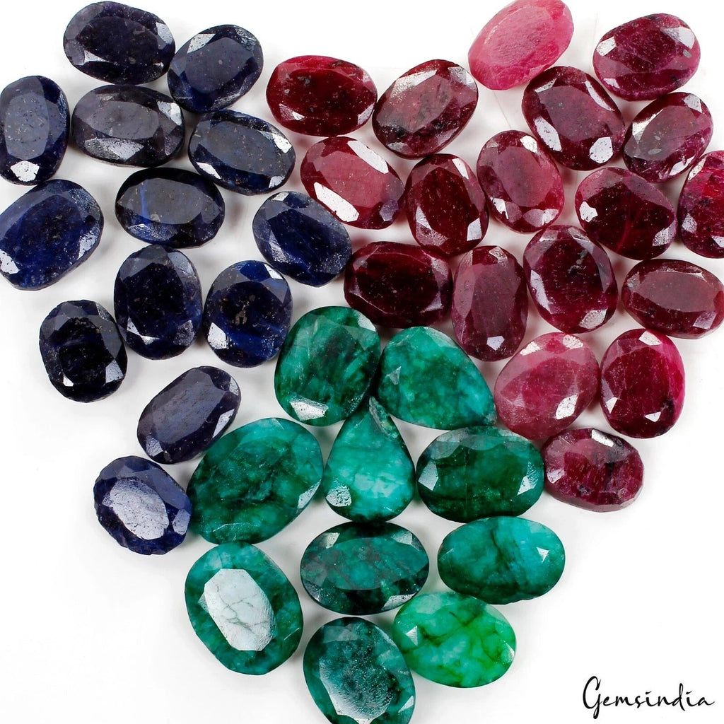 780 Ct Natural Emerald Ruby Sapphire Loose Gemstones Lot-Faceted Oval/Pear-40 Pc