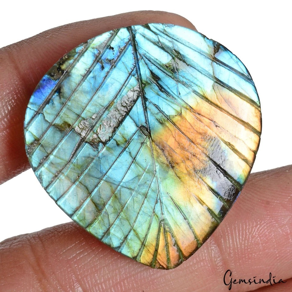65.60 Cts Natural Carved Labradorite 36x35mm Pear leaf Flashy Pendant Size Gems