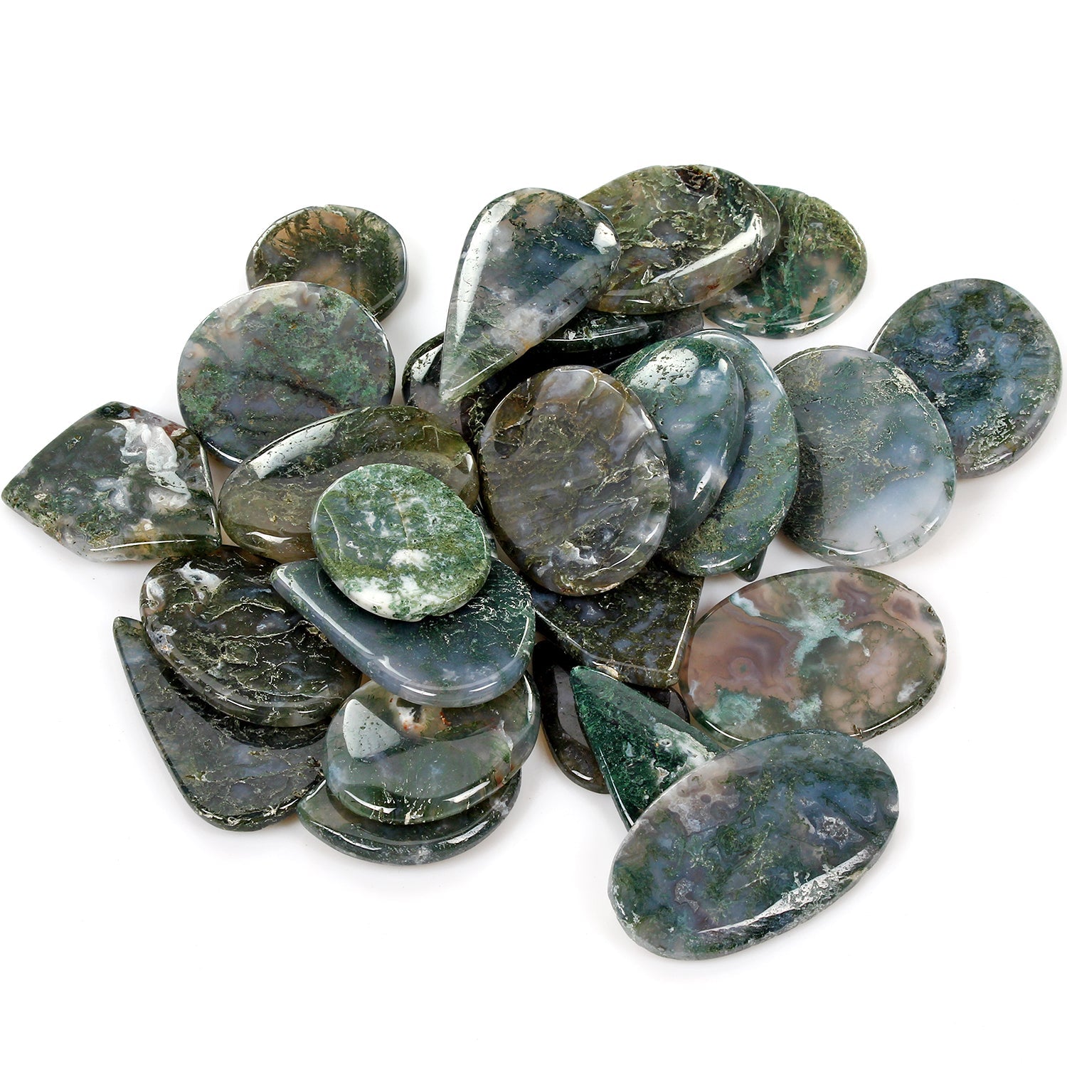 2550 Ct / 28 Pcs Natural Untreated White Green Moss Agate Mix Cab Wholesale Gems