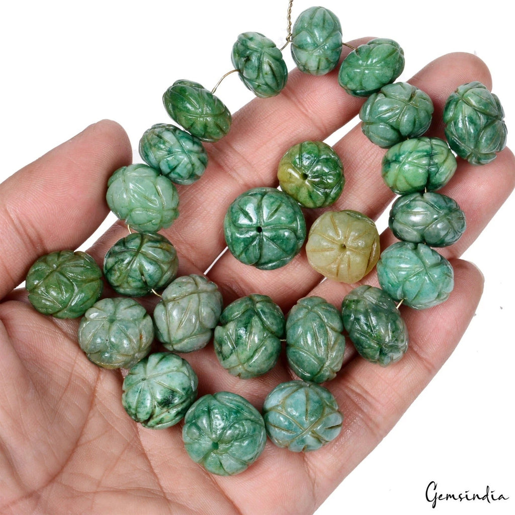 Share 650 Cts/24 Pcs Natural Green Emerald Gems Round Drilled Carved Beads Loose