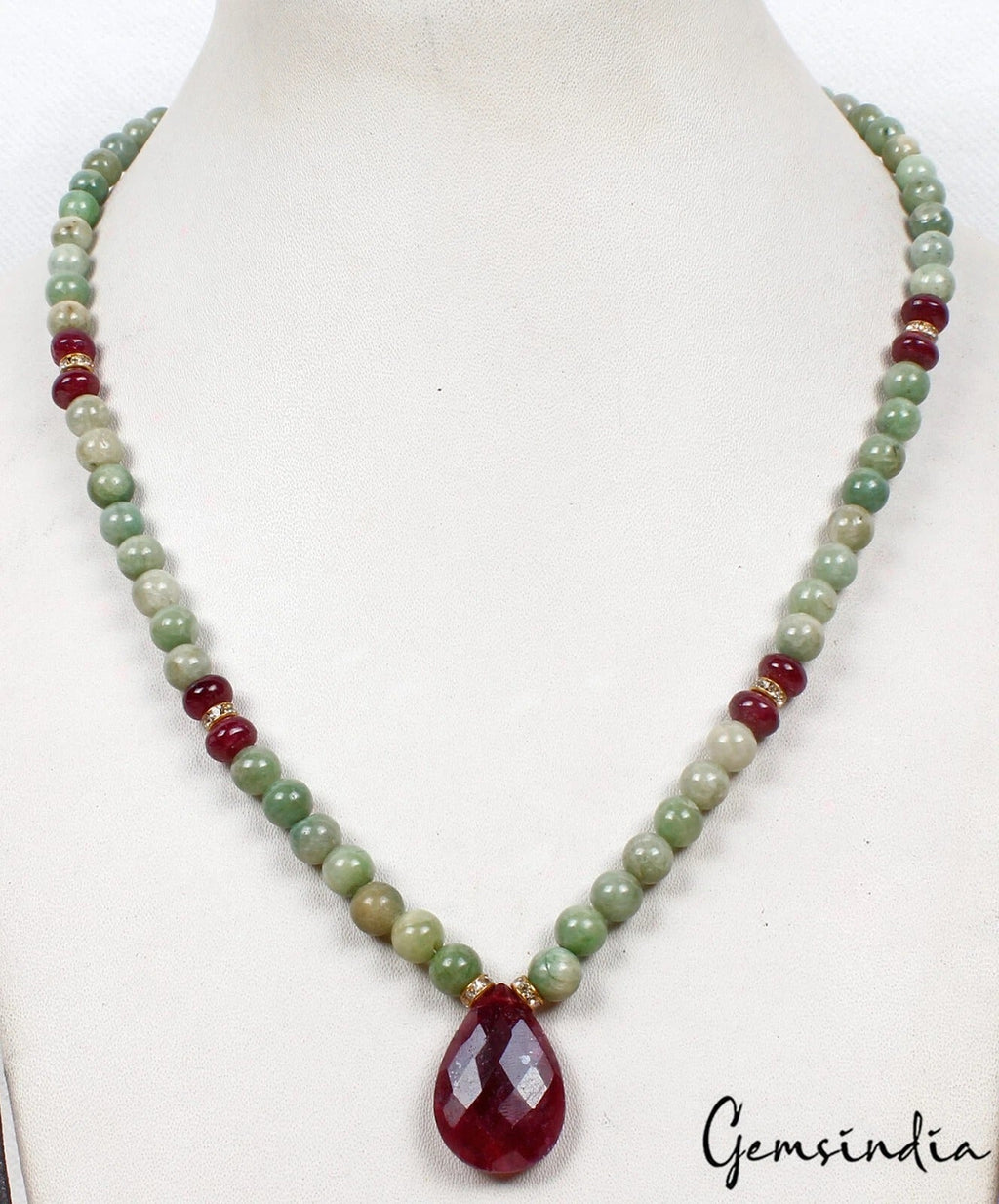 209.50 Cts Natural Green Emerald Red Ruby Beaded Handmade Designer Necklace 19"