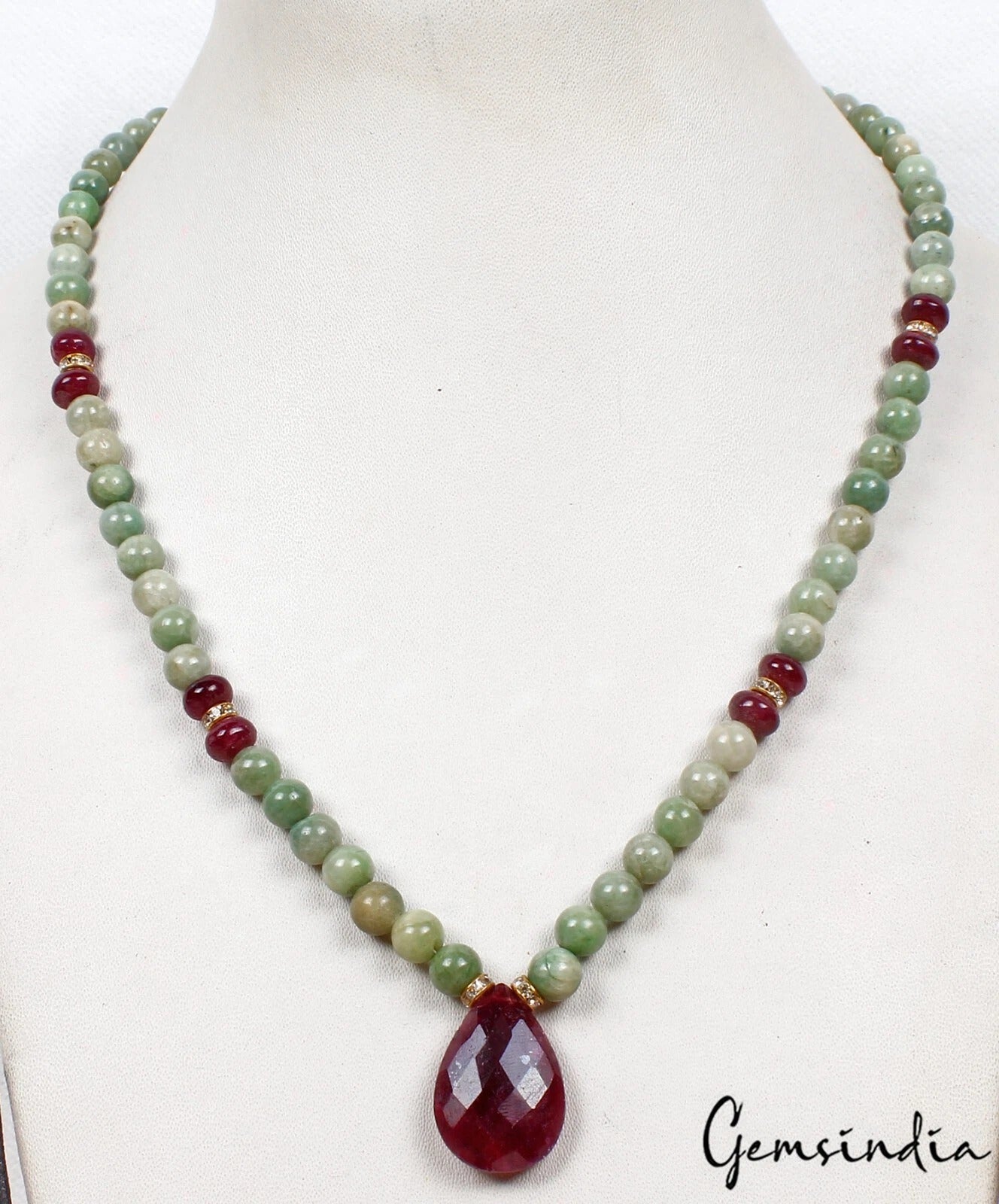 209.50 Cts Natural Green Emerald Red Ruby Beaded Handmade Designer Necklace 19"