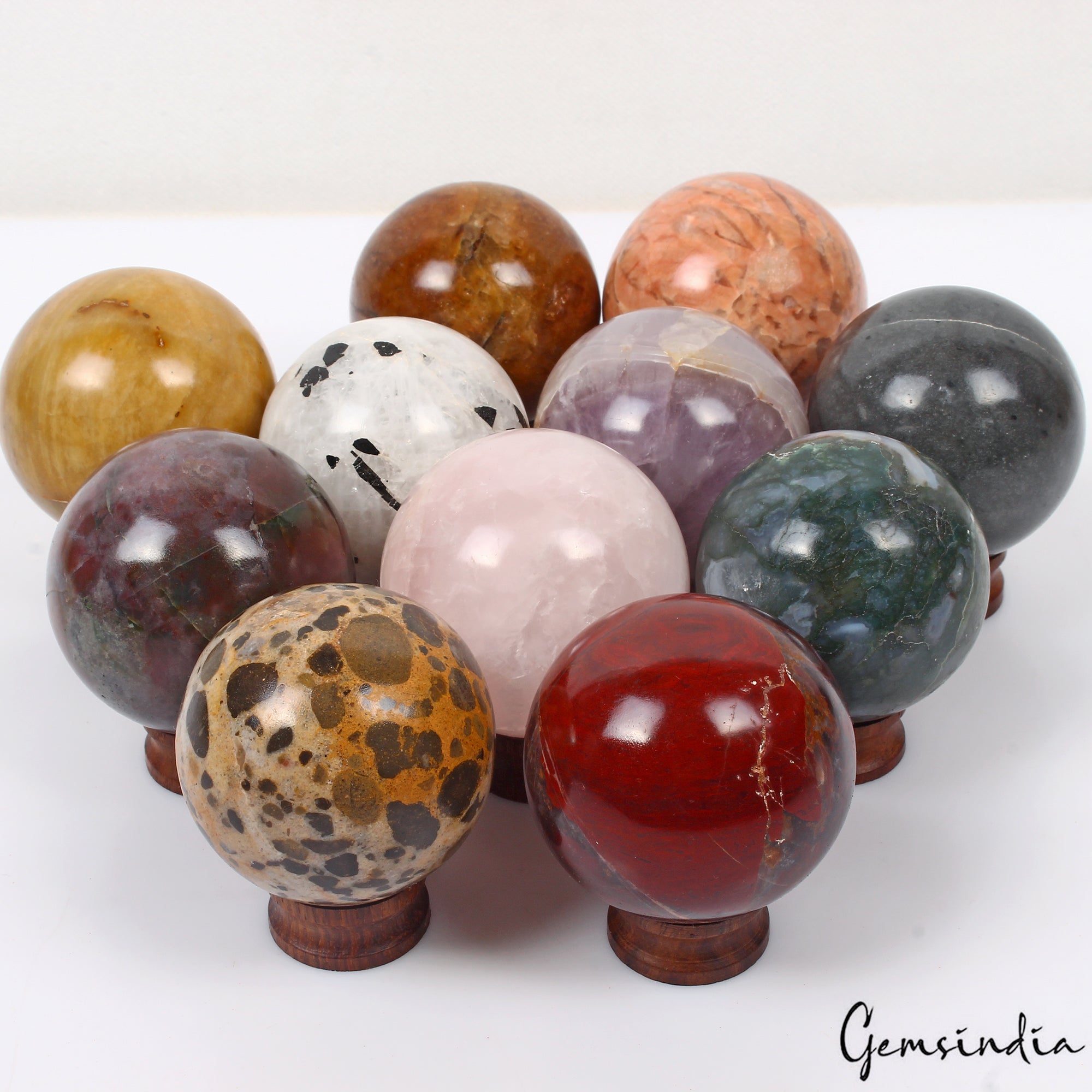 11 Pc Natural Gemstone Sphere Set + Wooden Stands - Bulk Crystal Ball Collection