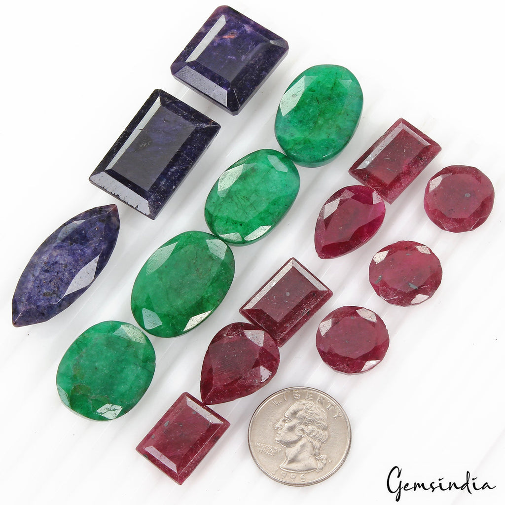 570 Ct/15 Pcs Natural Multi Color Emerald Ruby Sapphire Mixed Cut Loose Gem Lot