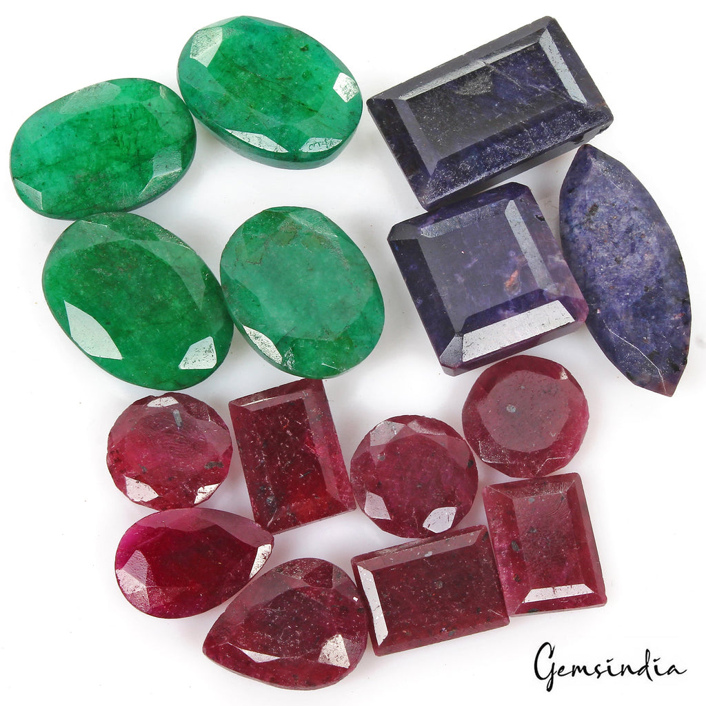 570 Ct/15 Pcs Natural Multi Color Emerald Ruby Sapphire Mixed Cut Loose Gem Lot