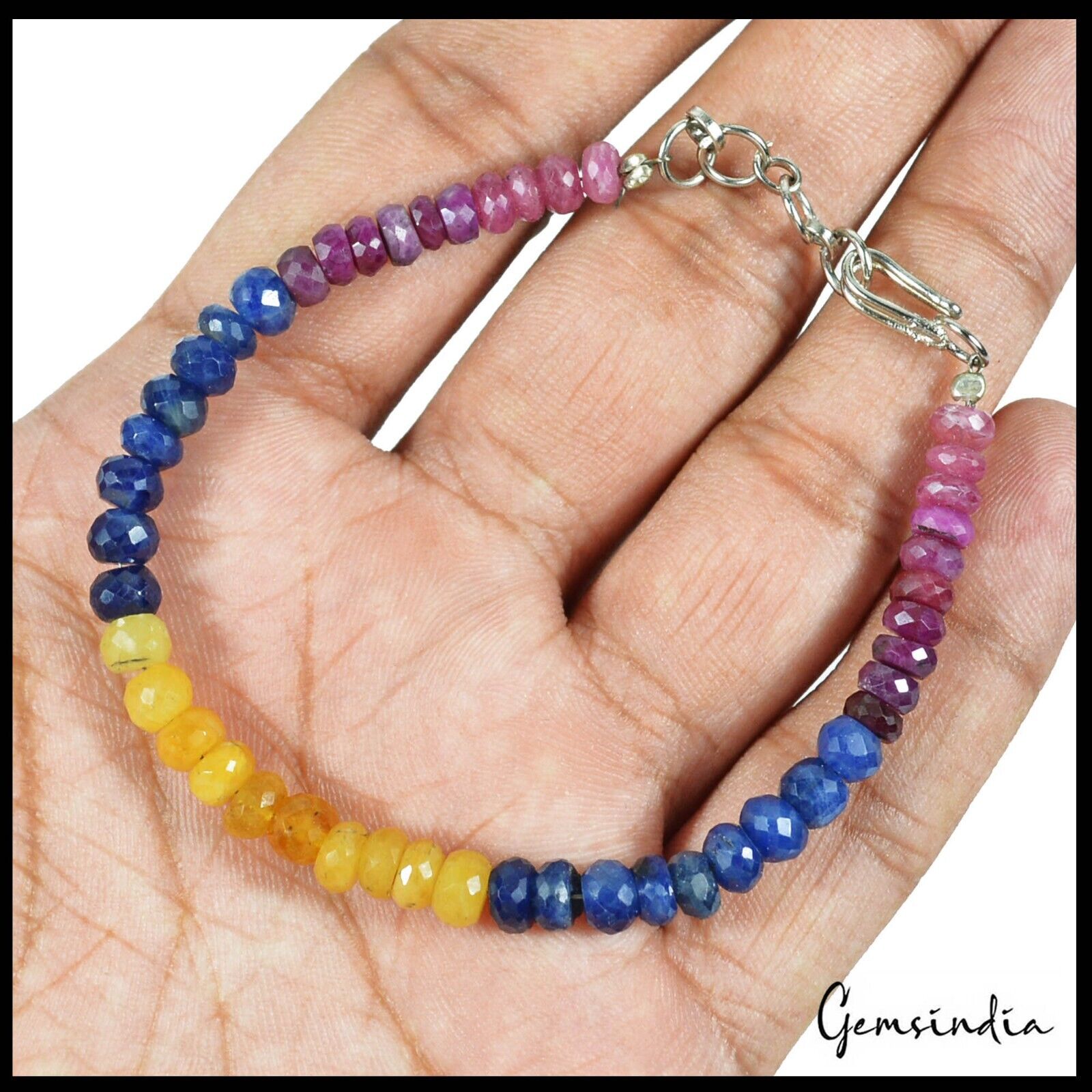 7.5" Natural Ruby Sapphire Handmade Multi gemstones Beaded Single Line Bracelet