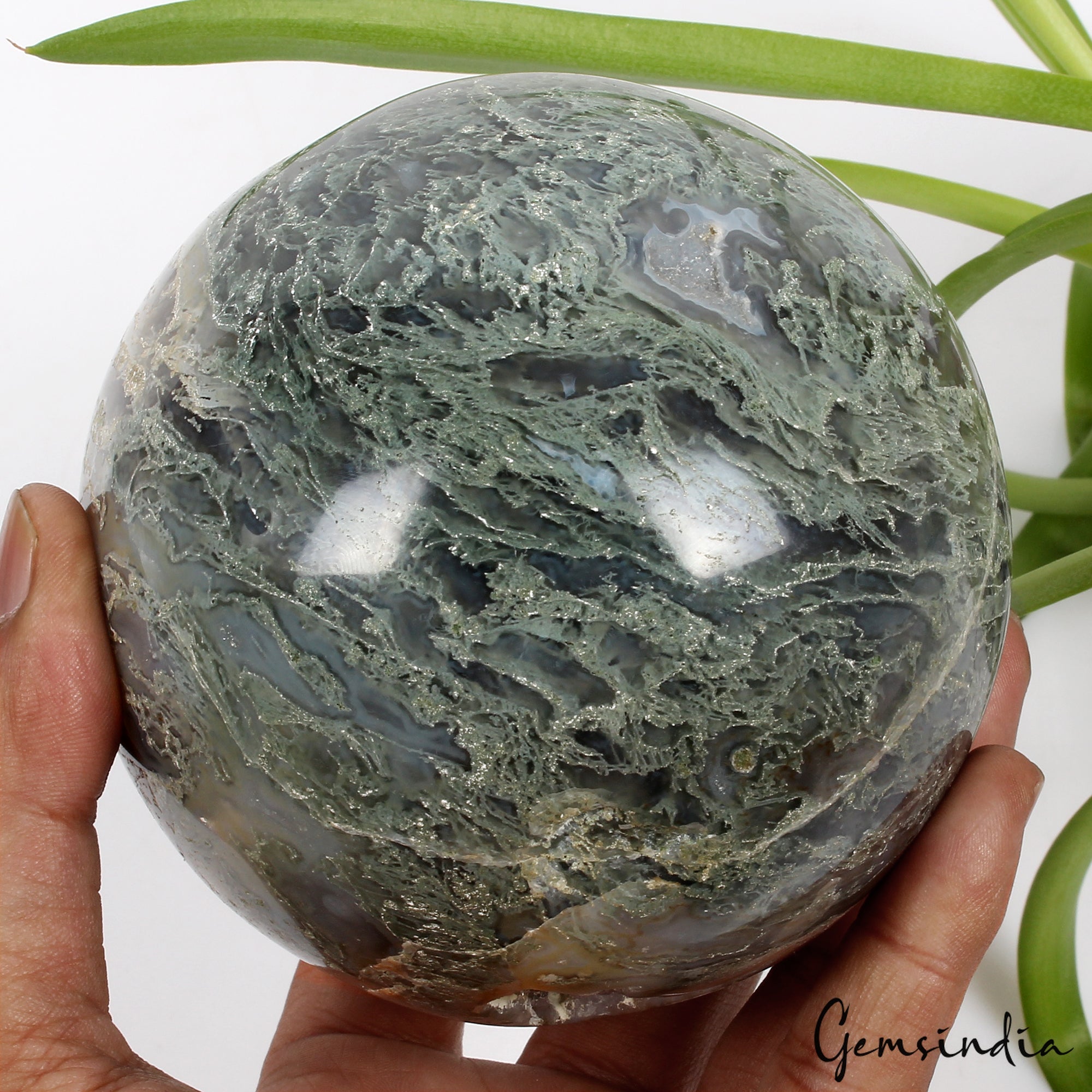 4 in Large Natural Moss Agate Geode Druzy Sphere Quartz Crystal Ball Healing