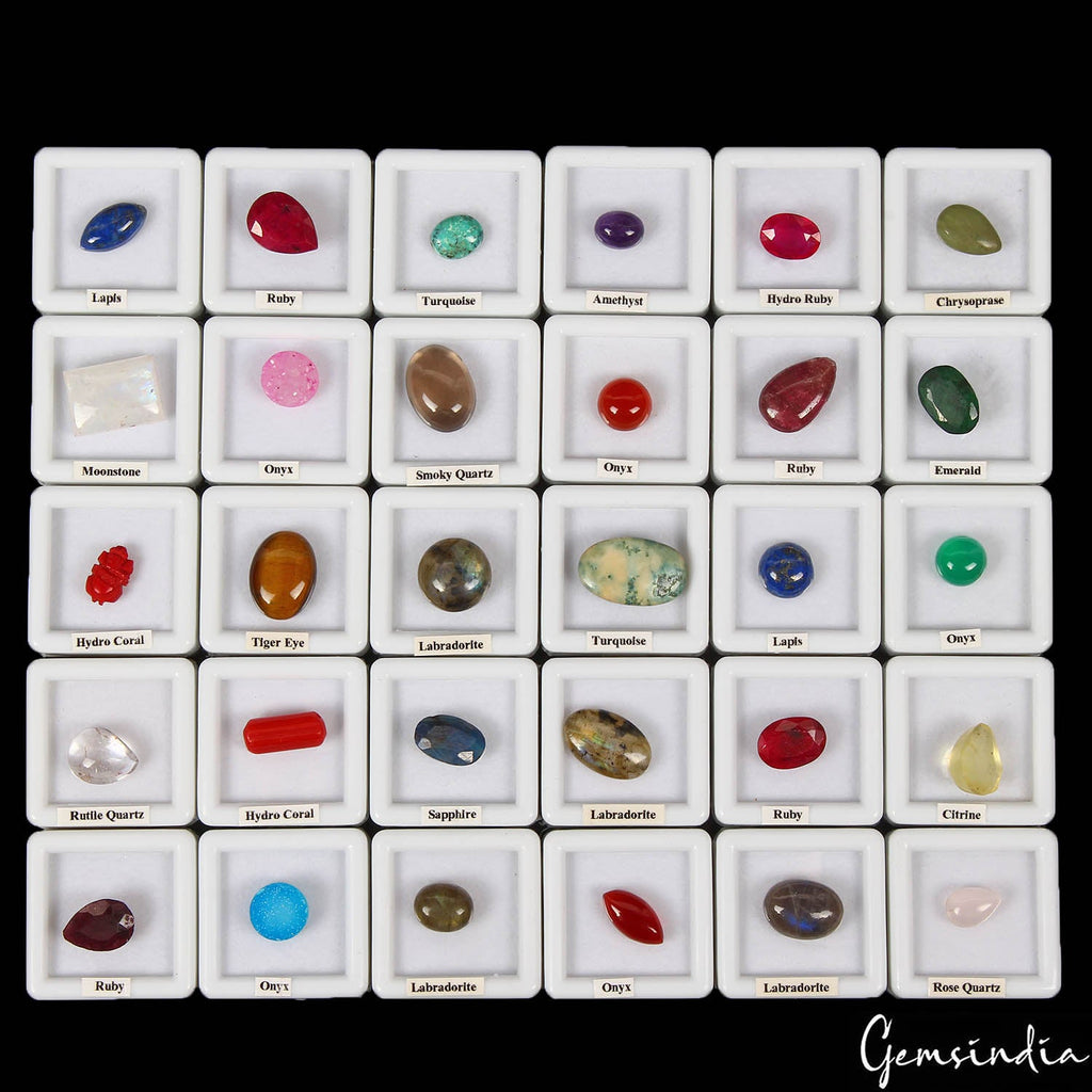 30Pcs Estate Genuine Semi Precious Loose Multi Color Gems Collection+Wooden Box