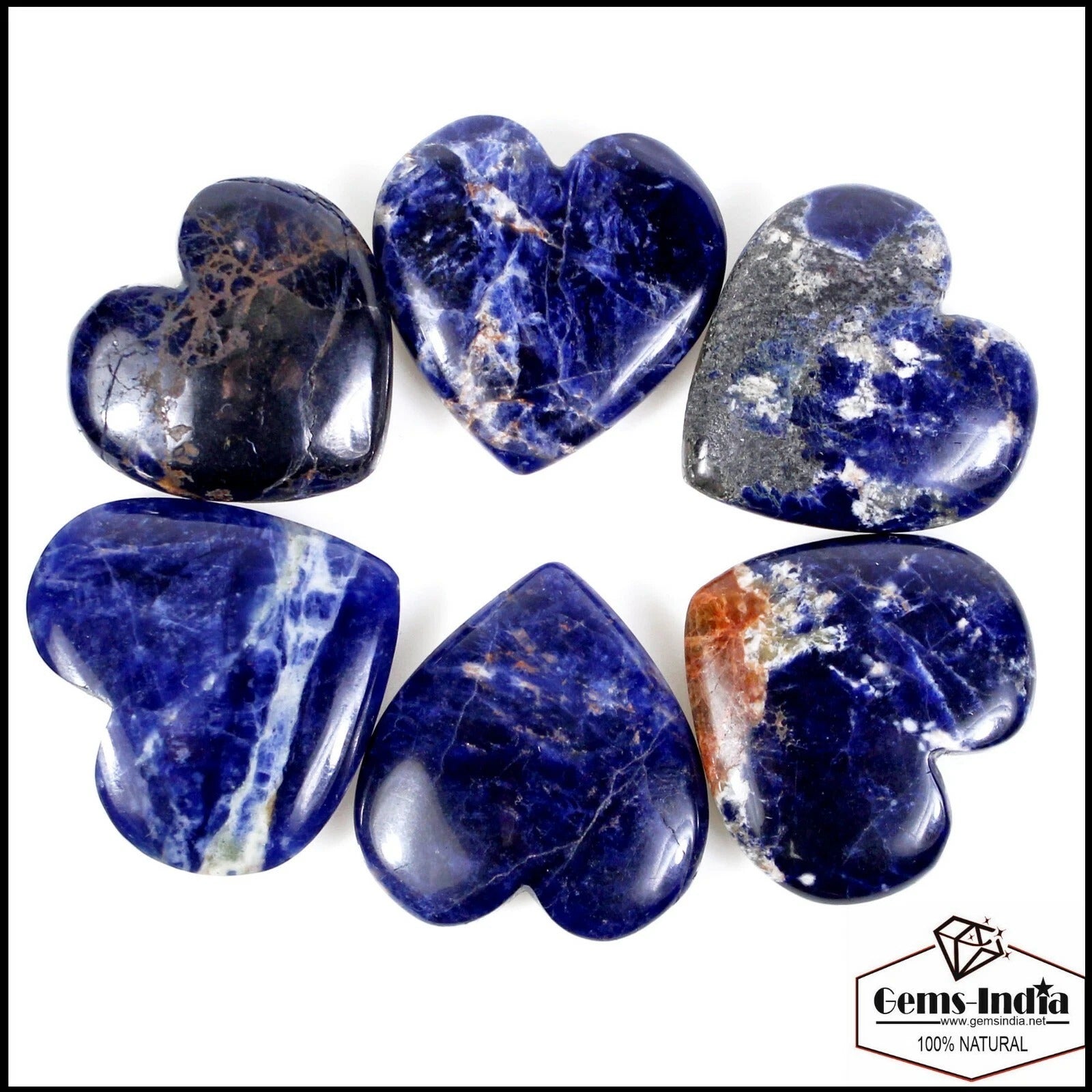 370 Ct/6Pcs Natural Untreated Blue Sodalite Heart Shape Cab Gems Lot For Pendant