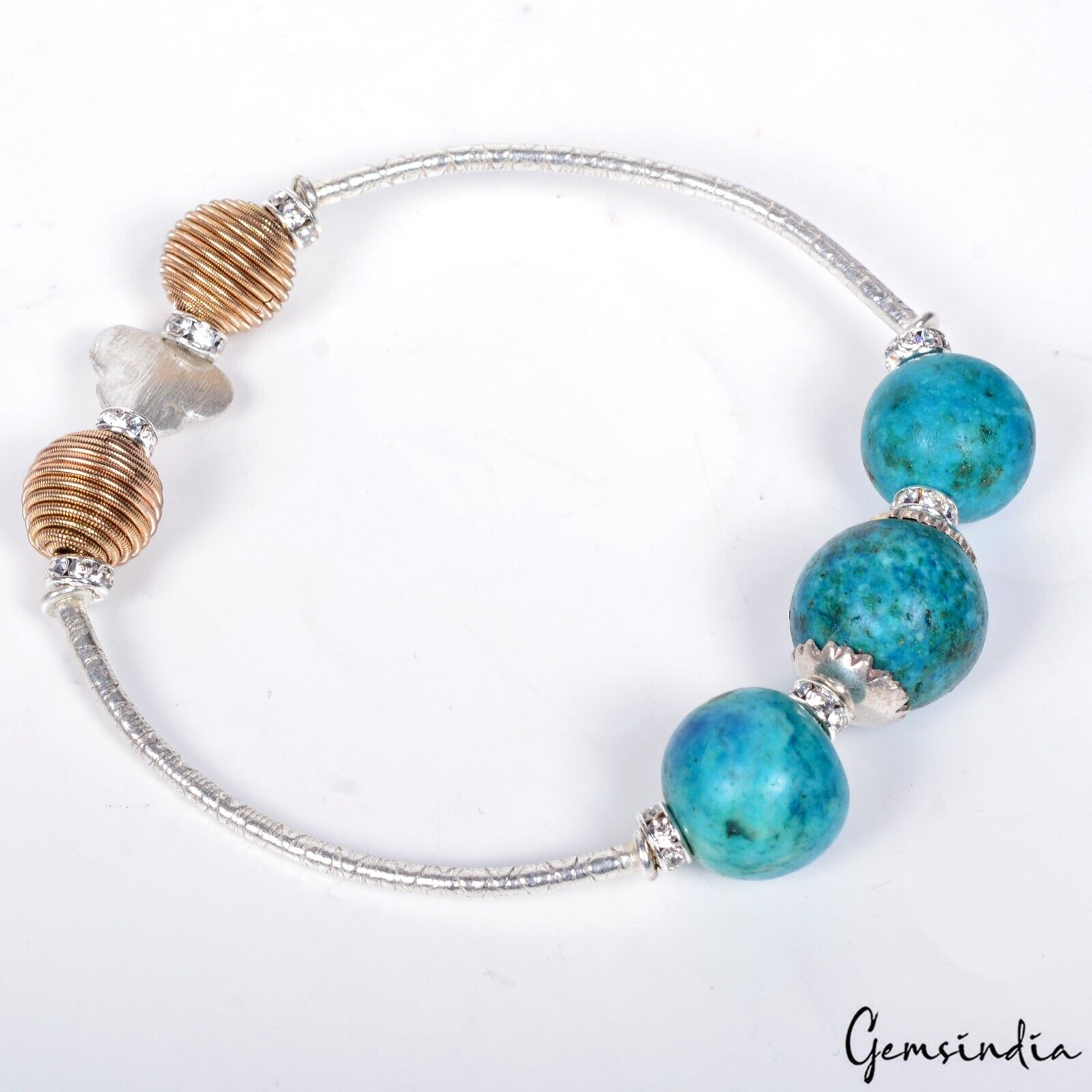 Turquoise Stone & Silver Accessories Bracelet Elastic Stretch Beads Bracelet 7"