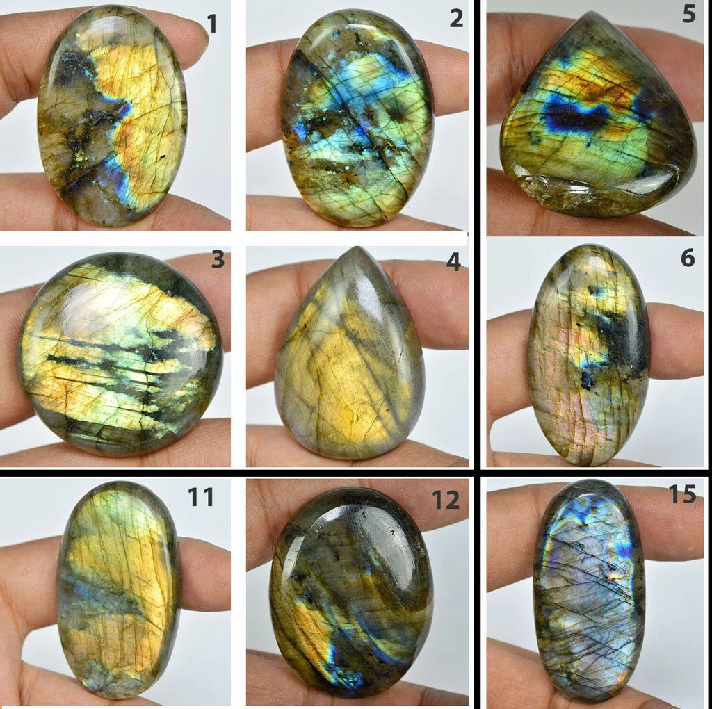 Labradorite Lot, Cabochon, Oval, Pear, Cushion & Rectangular Cabochon, Untreated — 20 Pieces, 35mm to 60mm, 2130 Ct