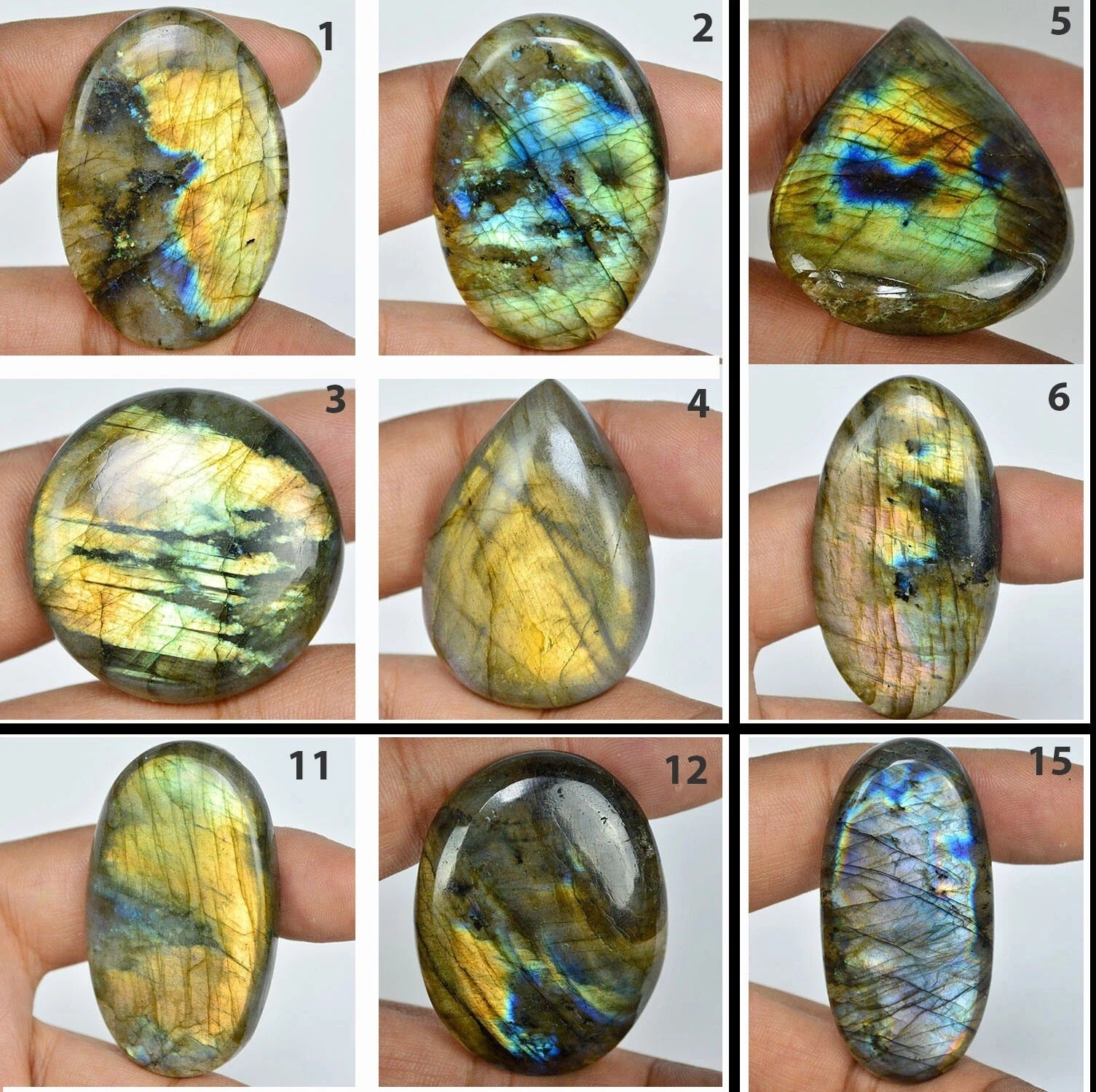 Labradorite Lot, Cabochon, Oval, Pear, Cushion & Rectangular Cabochon, Untreated — 20 Pieces, 35mm to 60mm, 2130 Ct