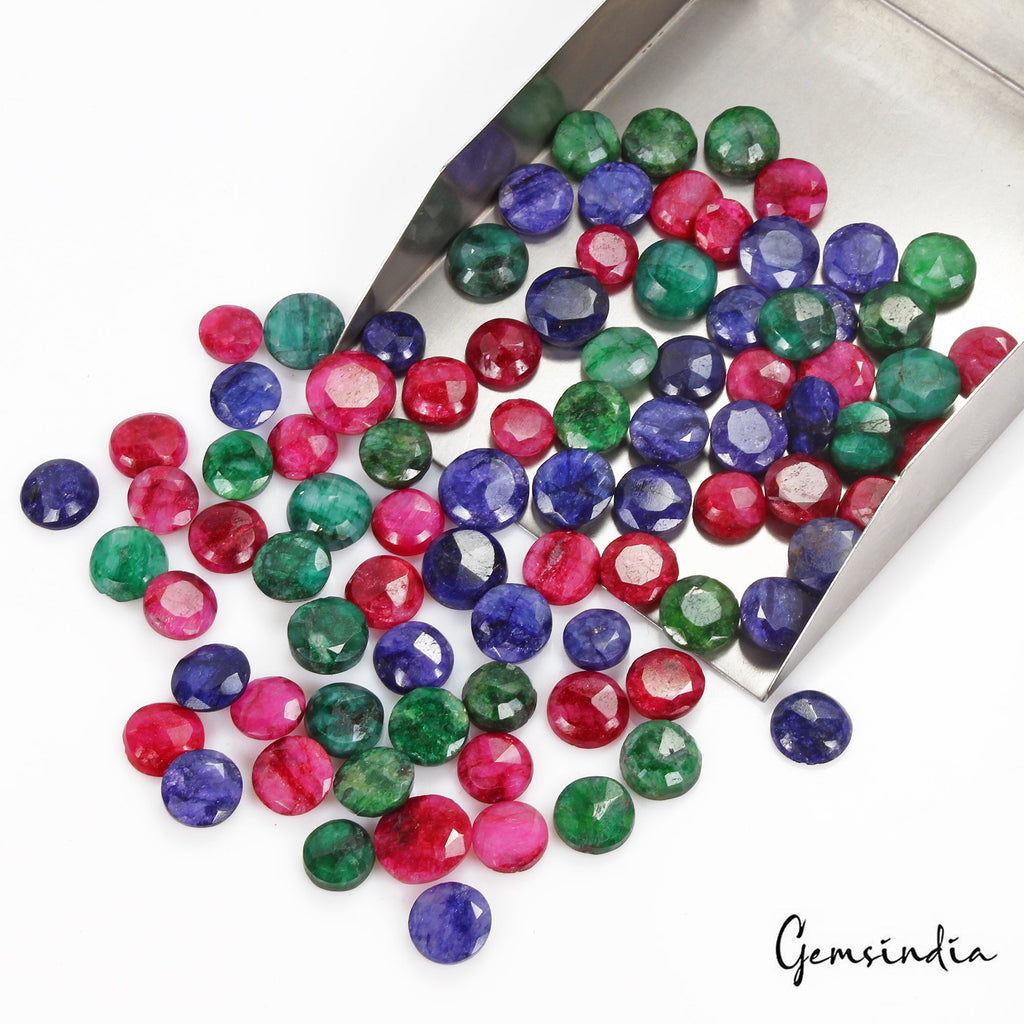 500 Cts/87 Pcs Natural Red & Blue Beryl Green Emerald Round Cut Loose Gems Lot