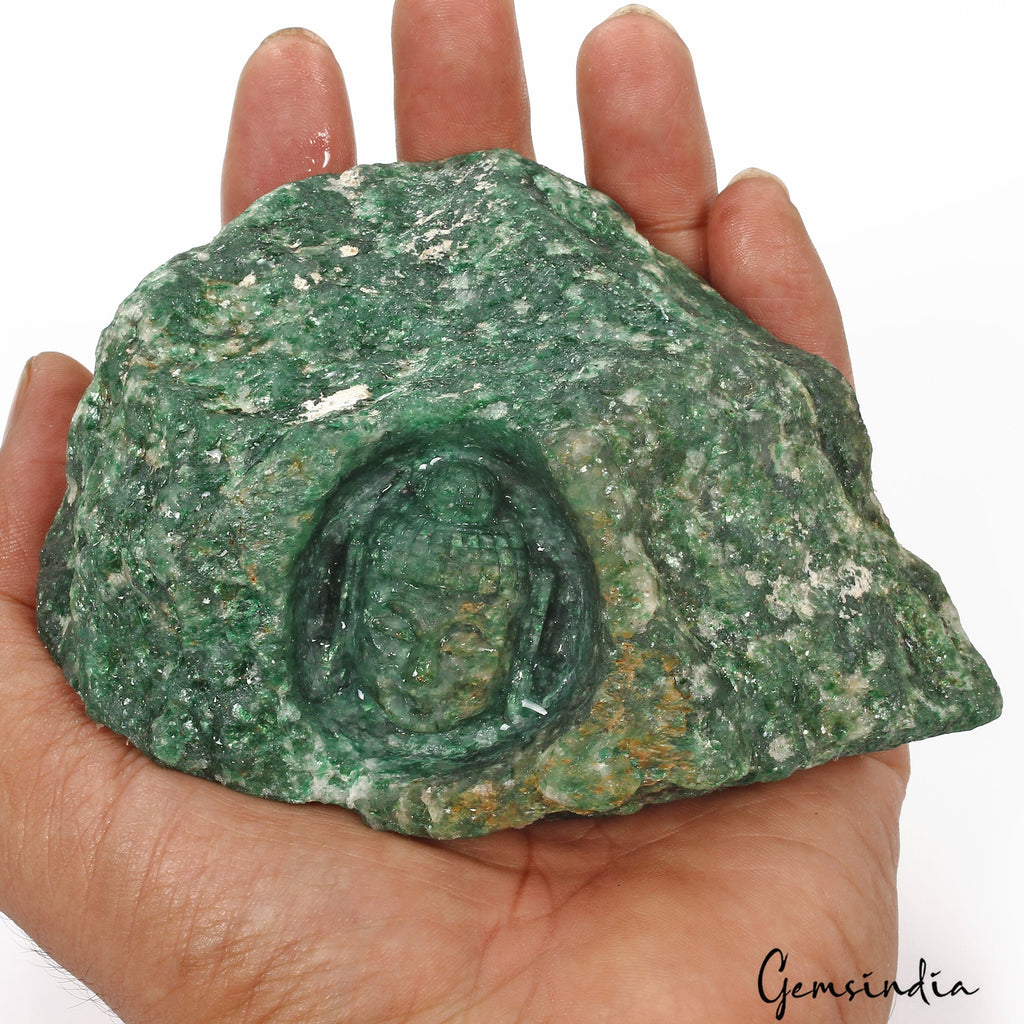 2600 Cts Natural Green Aventurine Rough Gem Carved Meditating Buddha Face Statue