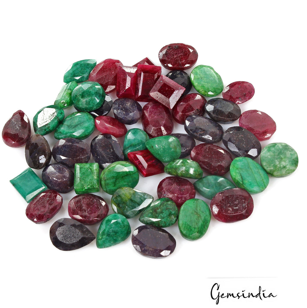 500 Cts/50 Pcs Natural Multi Color Ruby,Emerald,Sapphire Mix Cut Loose Gems Lot