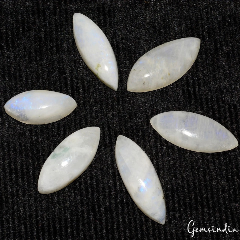6 Pcs Natural Rainbow Moonstone Blue Shine Marquise Cab Loose Jewelry Gemstones